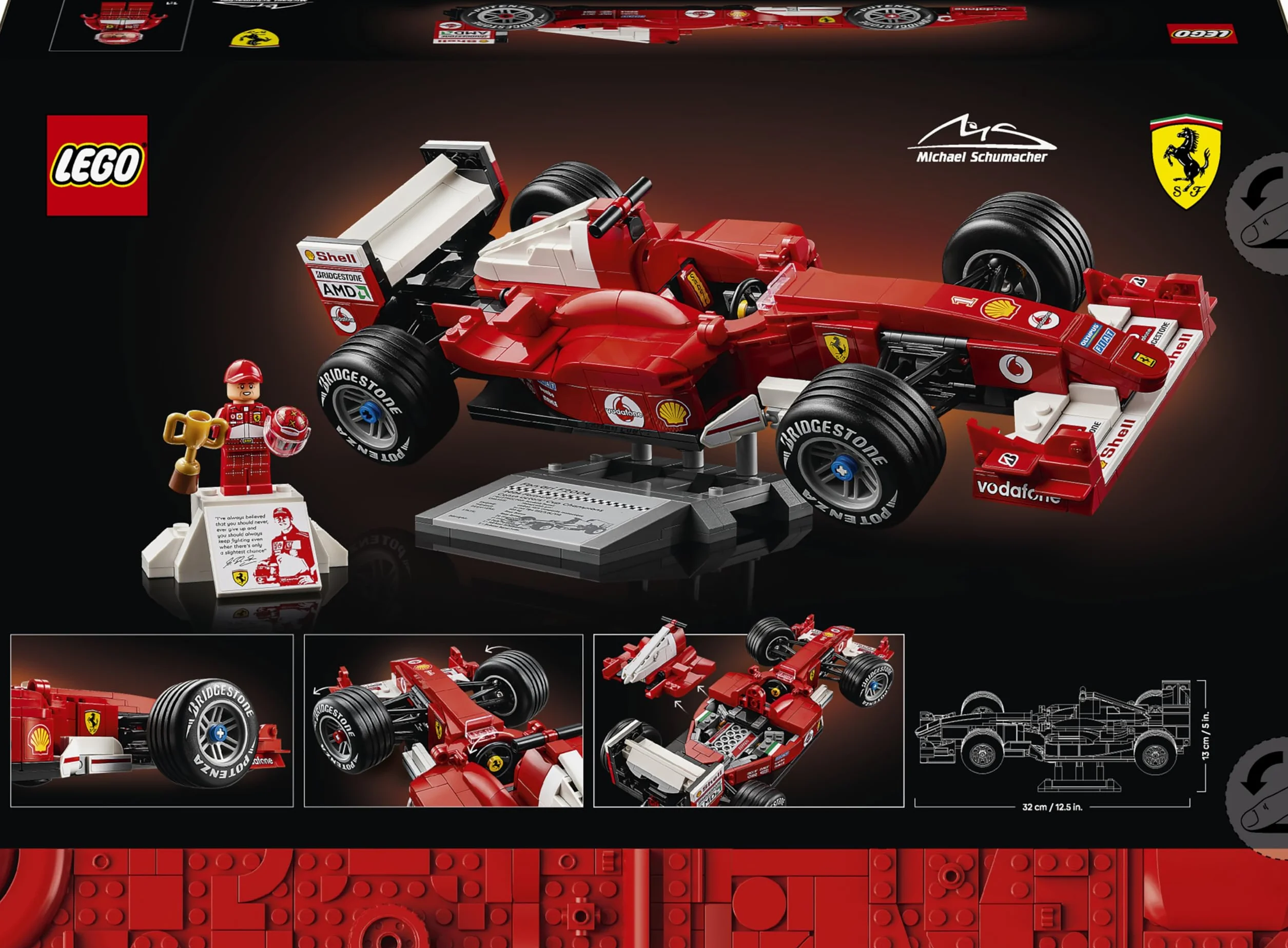 LEGO Icons Ferrari F2004 i Michael Schumacher, zestaw konstrukcyjny dla dorosłych z modelem bolidu F1, kolekcjonerski samochód wyścigowy, pomysł na prezent dla mężczyzny i kobiety 11375