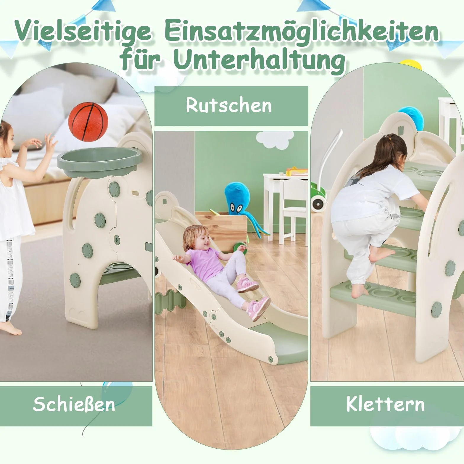 GOPLUS Zjeżdżalnia dziecięca 3 w 1, z balustradą bezpieczeństwa i przedłużoną strefą buforową, wielofunkcyjna zabawka dla dzieci do strzelania, wspinaczki i zjeżdżania, dla dzieci od 18 miesięcy