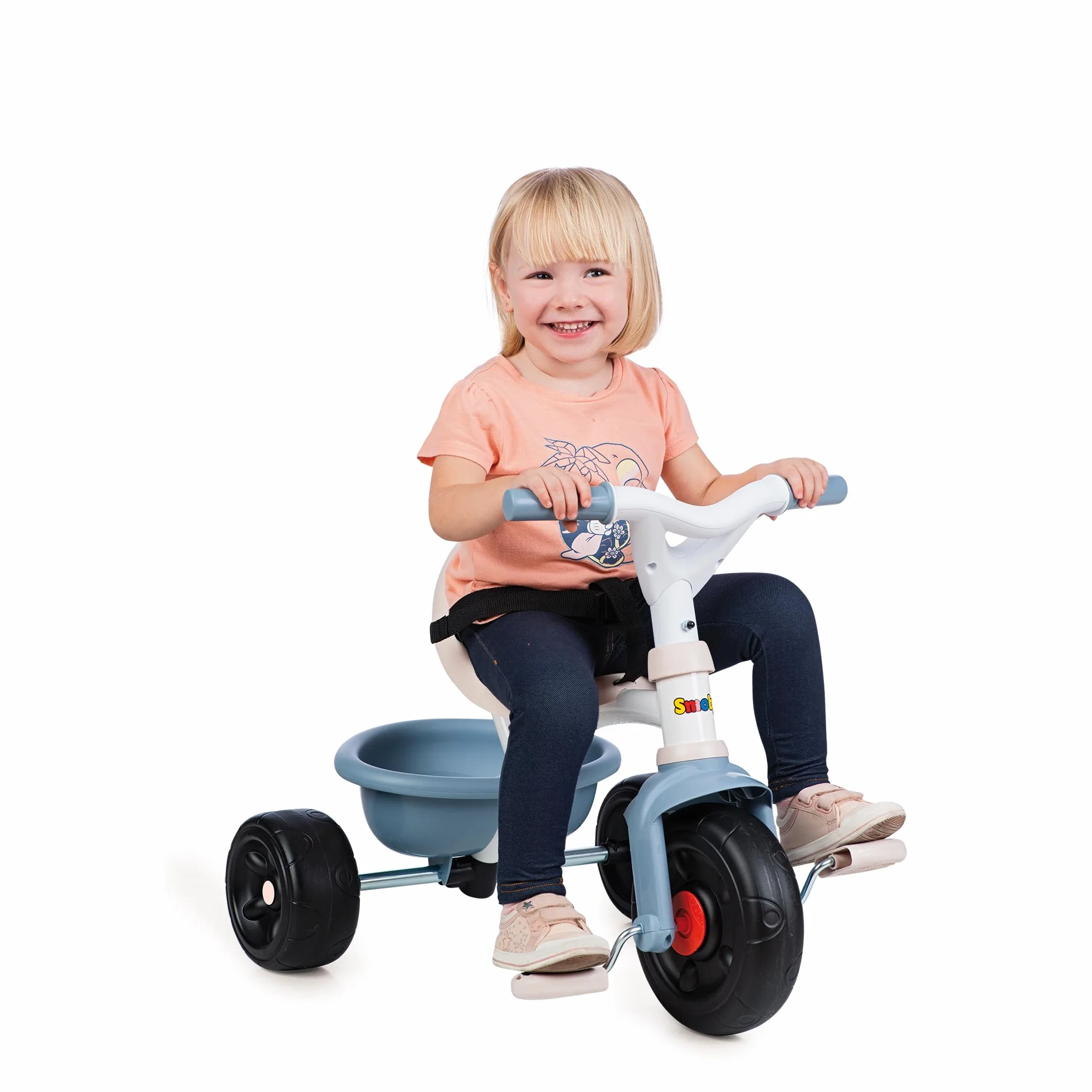 Smoby - Be Fun Blue Tricycle - Regulowana i zdejmowana laska dla rodzica do 95 cm - Pas bezpieczeństwa - Od 15 miesięcy - Wyprodukowano w Hiszpanii