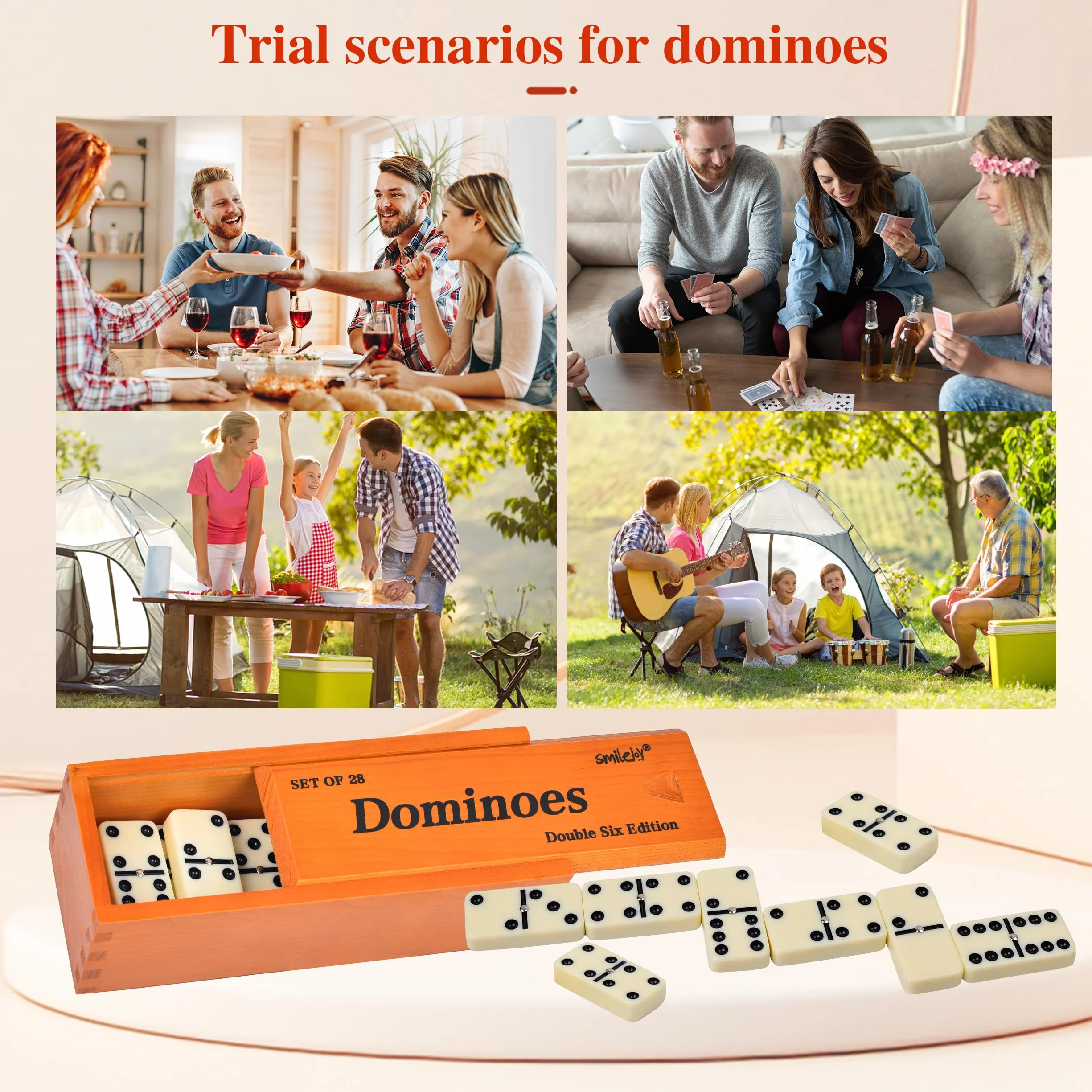 Smilejoy Zestaw domino dla dorosłych, zestaw domino w rozmiarze Jumbo do klasycznych gier planszowych, duży rozmiar podwójny, 6 domino, zestaw 28 sztuk, z brązowym drewnianym pudełkiem Deluex (2-4