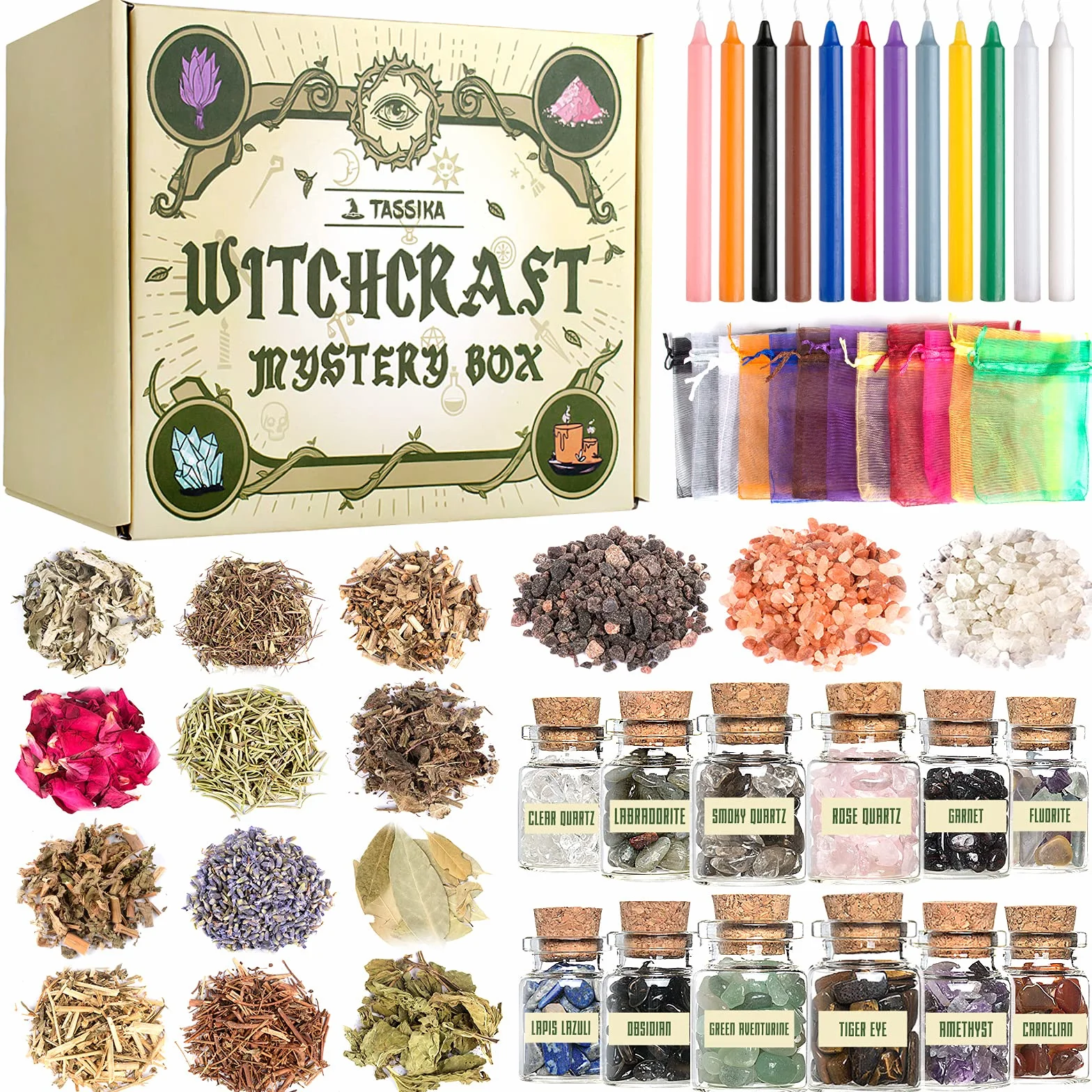 Hexenbastel-Starter-Set 63-teilig Kristalle Kräuter Zauberkerzen Charmtüten Ritual Hexensalz für Wicca-Altar