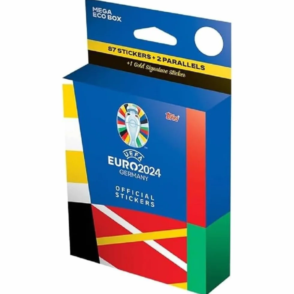 Topps Oficjalna kolekcja naklejek Euro 2024 Topps – Eko mega pudełko – zawiera 87 naklejek EURO 2024, 2 naklejki równoległe oraz 1 naklejkę Seria Złoty podpis