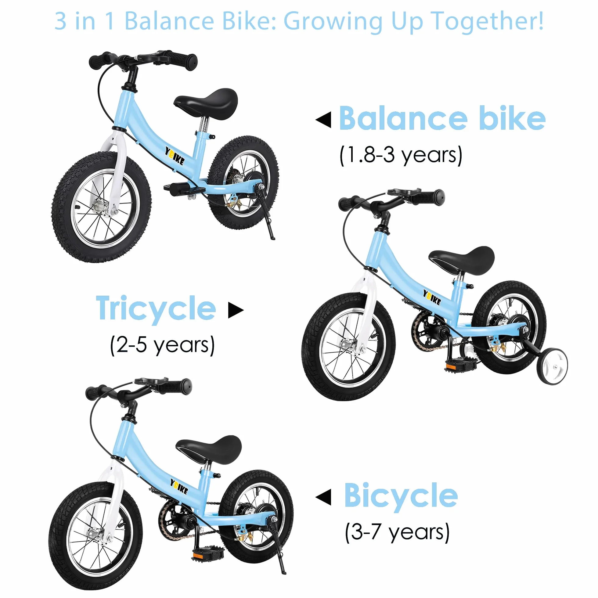 YBIKE Rower biegowy 2 w 1, podwójne zastosowanie rowerków biegowych dla dzieci i roweru dziecięcego, dla 2, 3, 4, 5, 6, 7 lat, 12, 14, 16 cali, z teorią treningu, hamulcem, pedałem