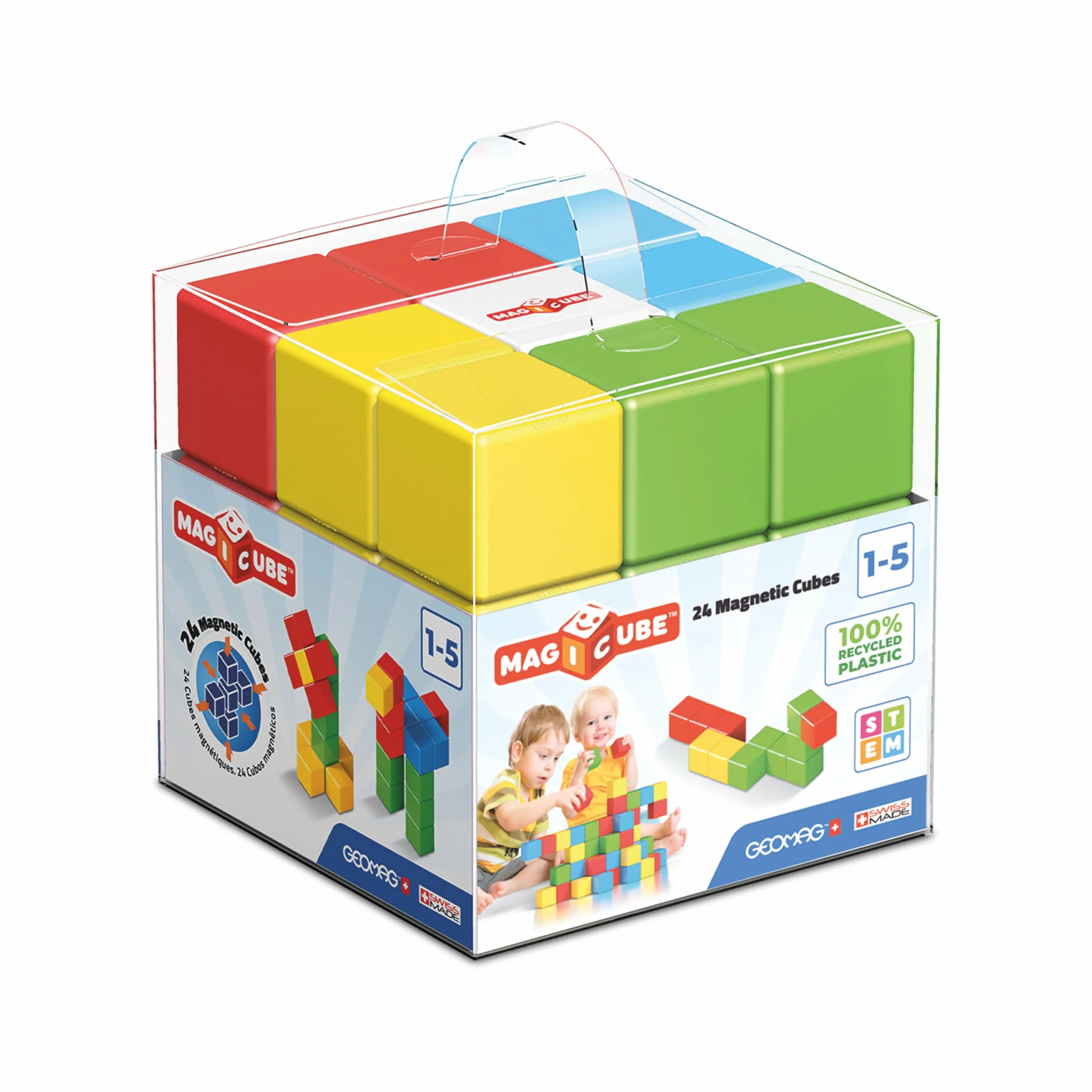 Geomag- Magicube Magnetic Construction for Kids Green Line 100% plastik z recyklingu, 24 kostki, 56, wielokolorowy