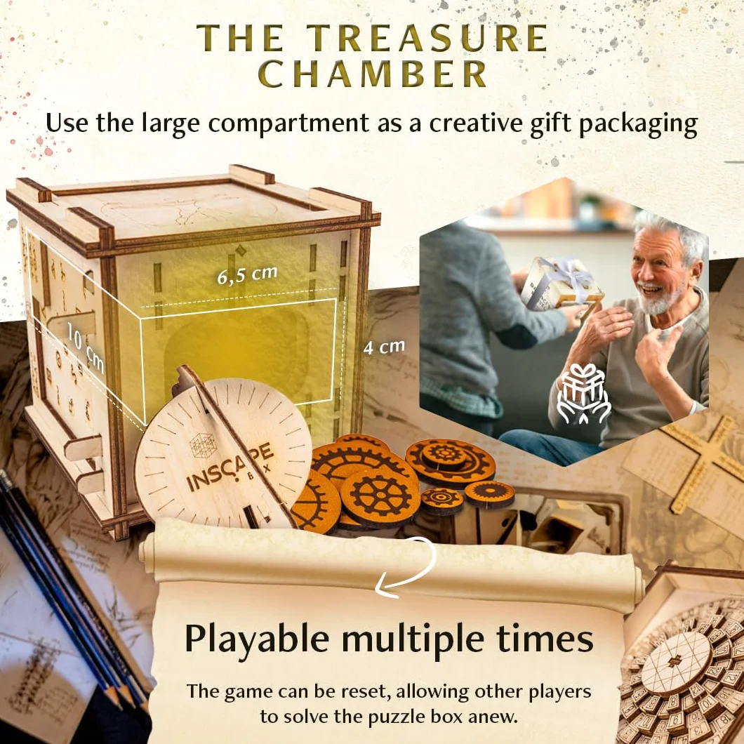 INSCAPE Da Vinci's Marvel - Drewniane Pudełko z Puzzlami Escape Room, Gra dla Dorosłych i Dzieci, 3D Cluebox, Gry Myślące
