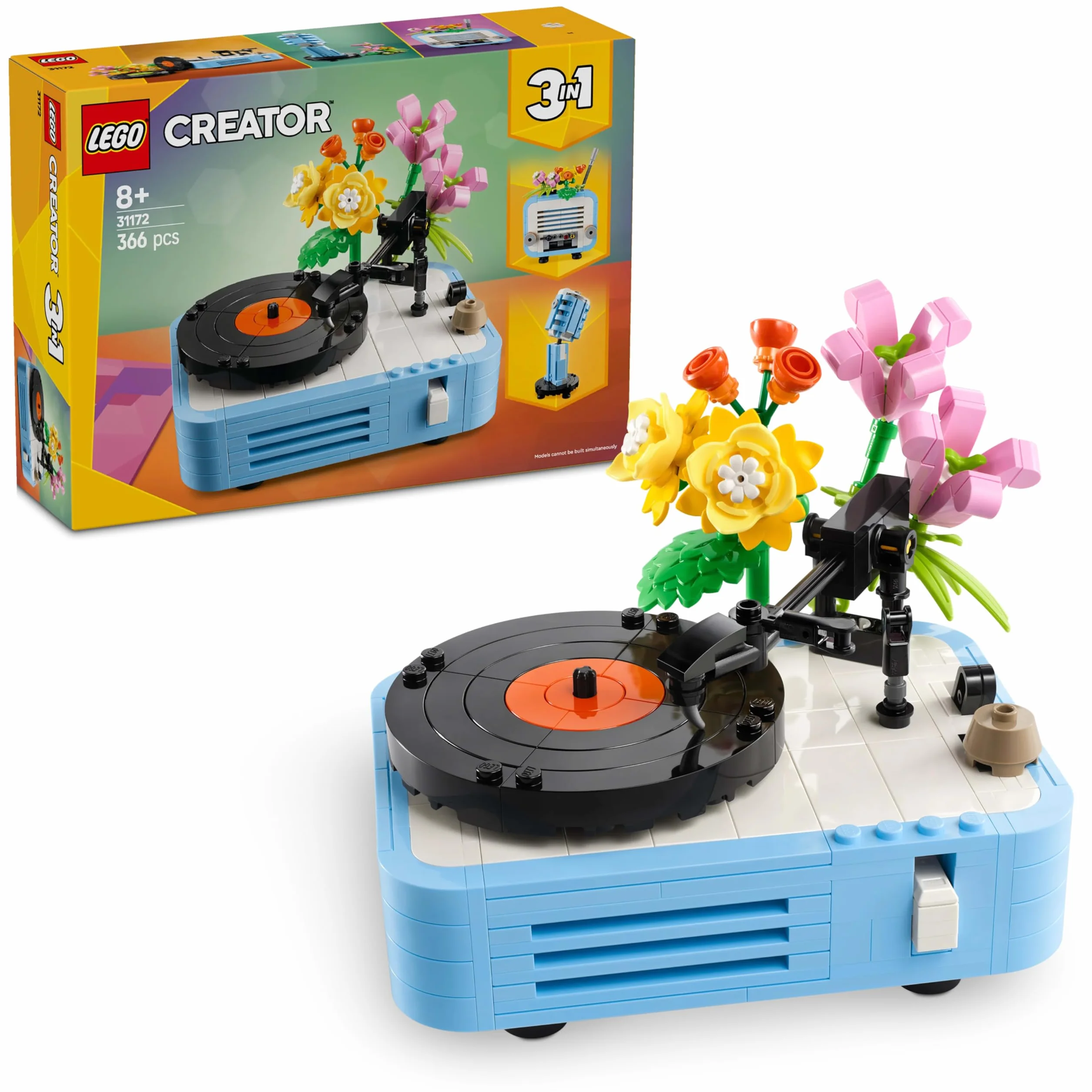 LEGO Creator 3 w 1 Gramofon z kwiatami, zabawka dla dziecka do przebudowania na radio lub mikrofon, zestaw kreatywny, pomysł na prezent muzyczny w stylu retro dla 8-latki, dziewczynki i chłopca 31172
