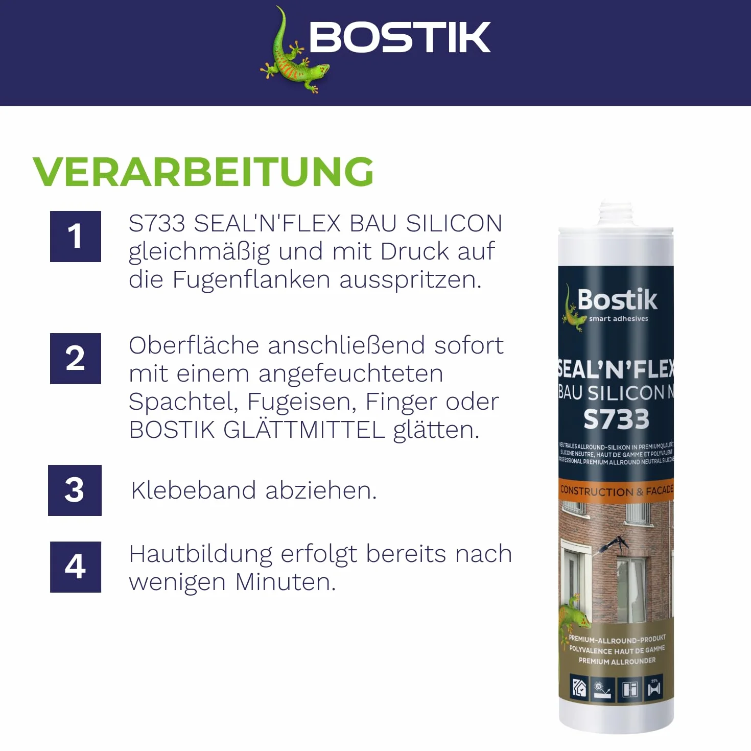 BOSTIK S733 Seal´n´Flex Bau Silicon Manhattan – neutralny uniwersalny silikon, odporny na pleśń, trwale elastyczny, nadaje się do stosowania wewnątrz i na zewnątrz, 300 ml