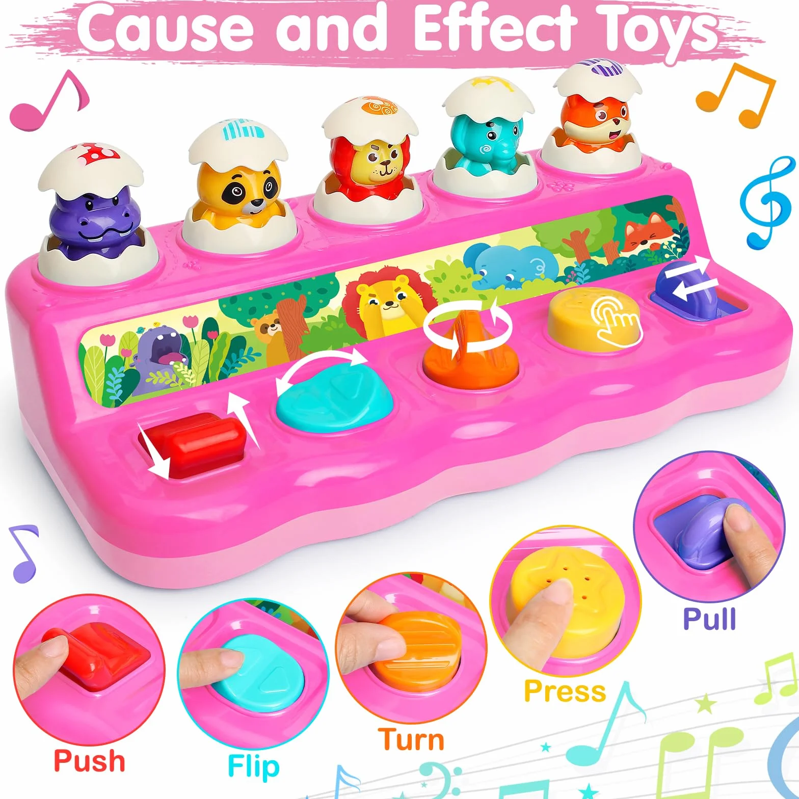 Yerloa Pop Up Baby Montessori zabawka dla dziewczynki od 1 roku życia, zabawka motoryczna, zabawka edukacyjna dla dzieci 6, 9, 12 miesięcy, zabawka muzyczna z muzyką i światłem, prezent na Wielkanoc