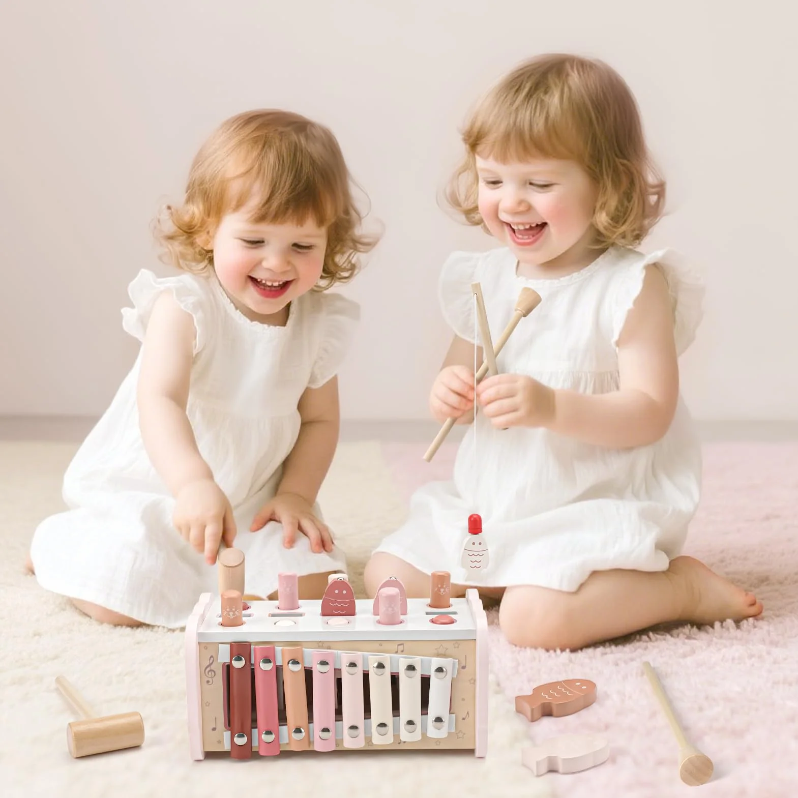 Joyreal Gry Montessori 1 rok - drewniane zabawki dla dzieci, łapacz mola, instrumenty muzyczne i ksylofon, gra interaktywna na prezent dla dziewczynki, chłopca, 1 2 3 lata