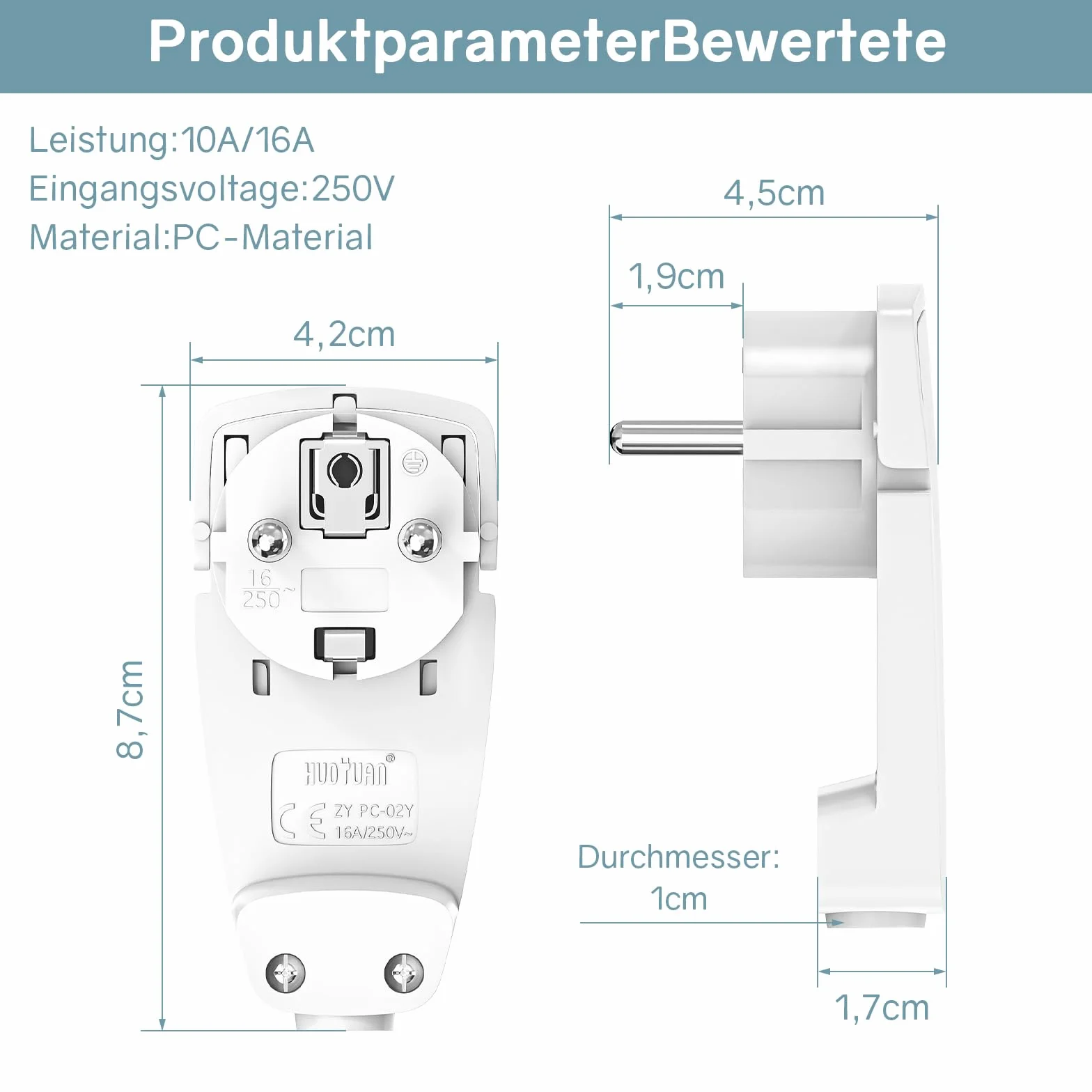 VIEVRE 2 wtyczki kątowe Schuko, płaskie, 250 V (16 A), wtyczka euro, wtyczka Schuko, kątowa do kabli do 3 x 1,5 mm², białe
