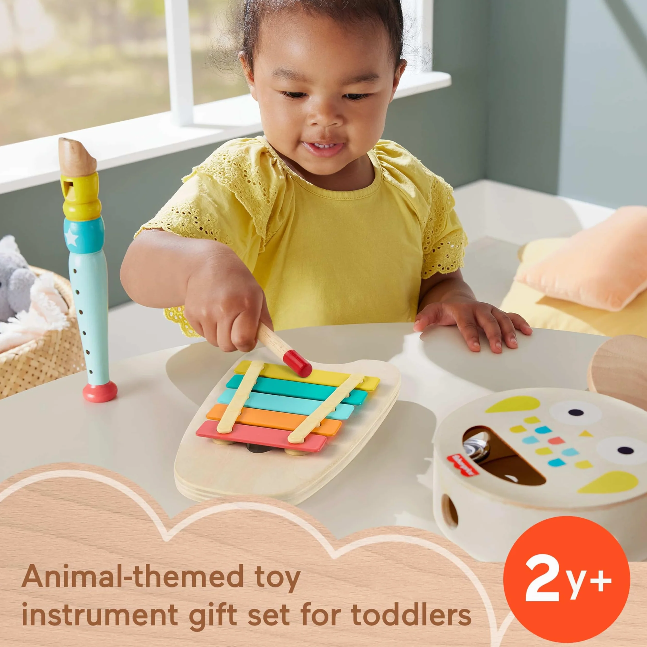 Fisher-Price Drewniane instrumenty Zestaw prezentowy z 6 drewnianymi elementami dla dzieci od 2 roku życia, HXT90