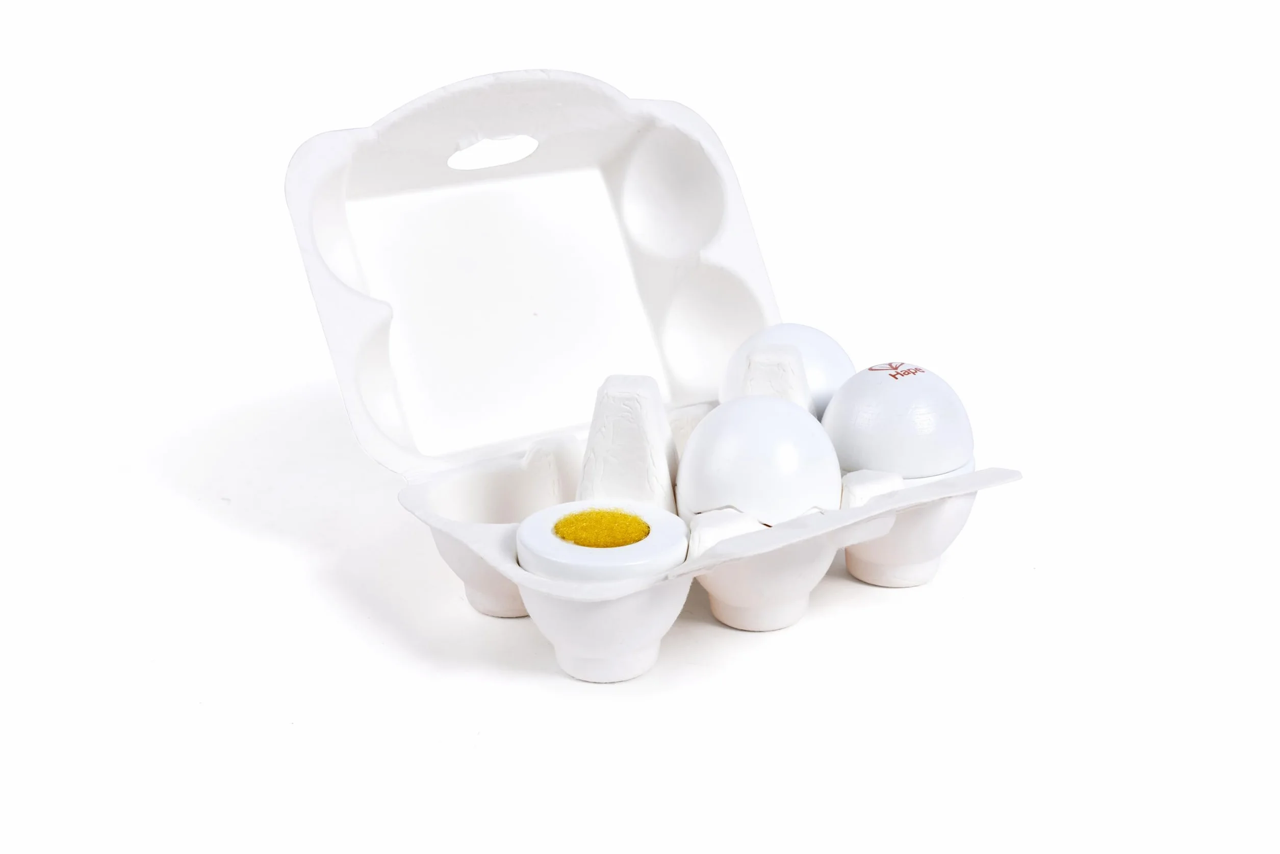 Hape Egg Carton, 3 Hard-Boiled Eggs with Easy-Peel Shell & 3 Fried Eggs, Wooden Realistic Educational Toy for Children 3+