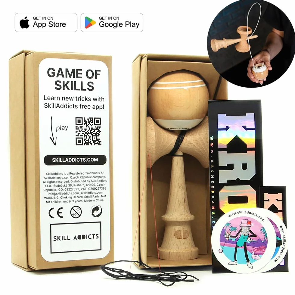 Kendama - drewno (do każdego poziomu umiejętności, łącznie z zestawem naklejek, zapasowym sznurkiem i aplikacją do nauki sztuczek)