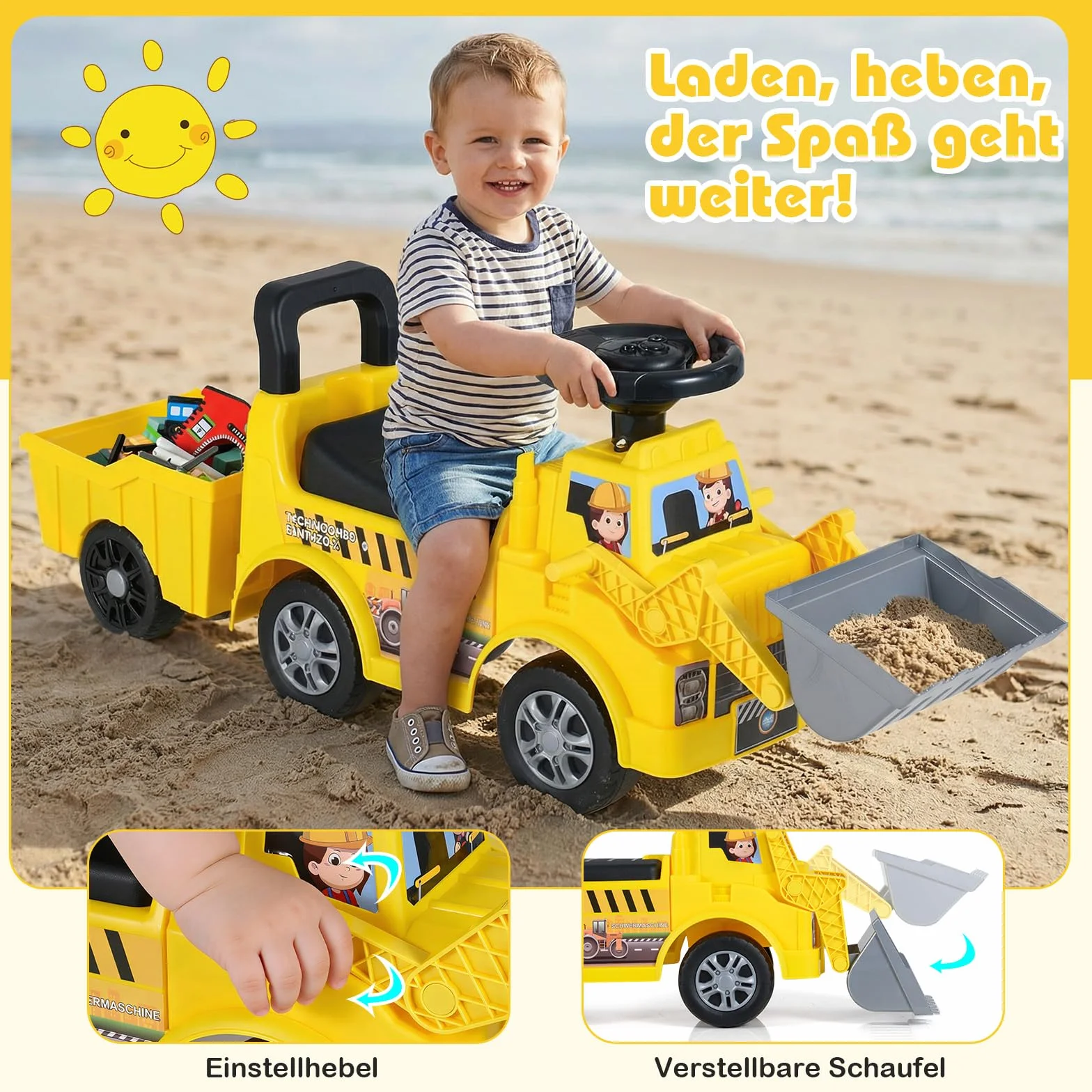 COSTWAY Koparka do siedzenia z szufelką i zdejmowaną przyczepą, koparka dziecięca z miejscem do przechowywania pod siedzeniem, klakson i muzyka, koparka do siedzenia dla dzieci od 1 roku życia