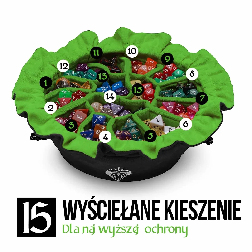 CardKingPro Ogromna - Wersja OCD - Torba na Kości z 15 Kieszeniami - Czarna i Zielona - Pojemność 200+ Kości - Świetna dla Kolekcjonerów [Opatentowany Design]