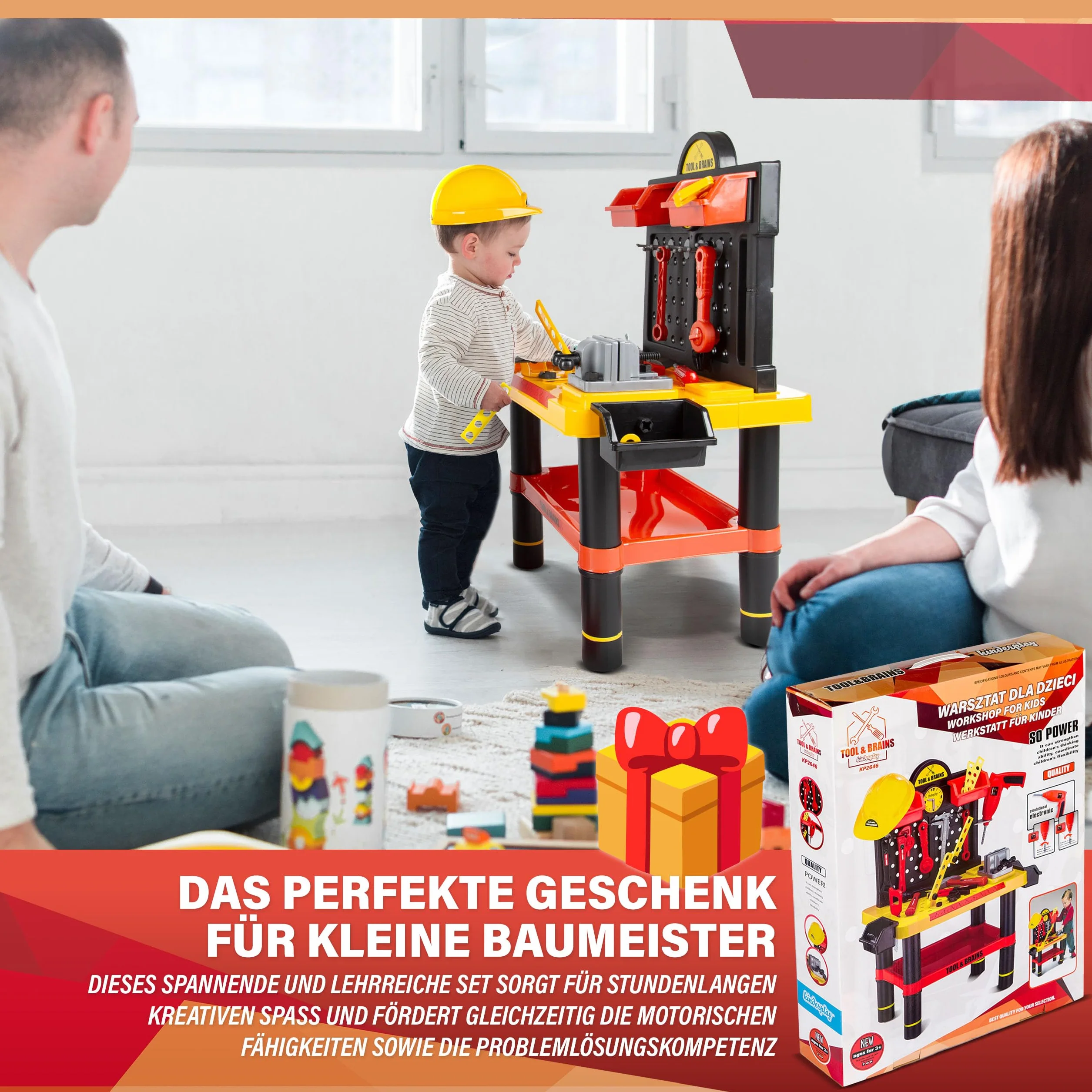 Kinderplay Warsztat dla Dziecka - warsztat dla dzieci, zestaw majsterkowicza z wiertarką i kaskiem, KP2646