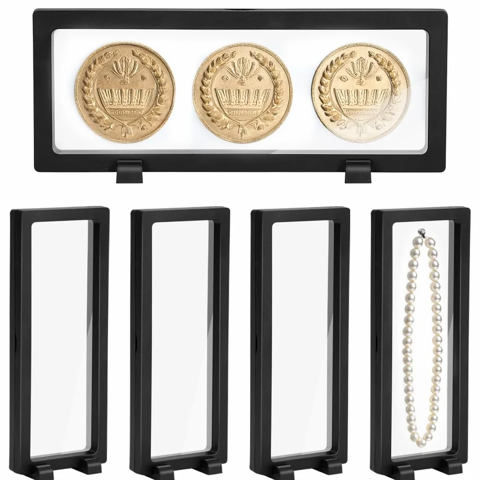 5 szt. przezroczystych 3D pływających etui z 10 uchwytami – czarna ramka na monety na medale AA, biżuterię, muszle, skamieniałości (230 x 90 x 20 mm)