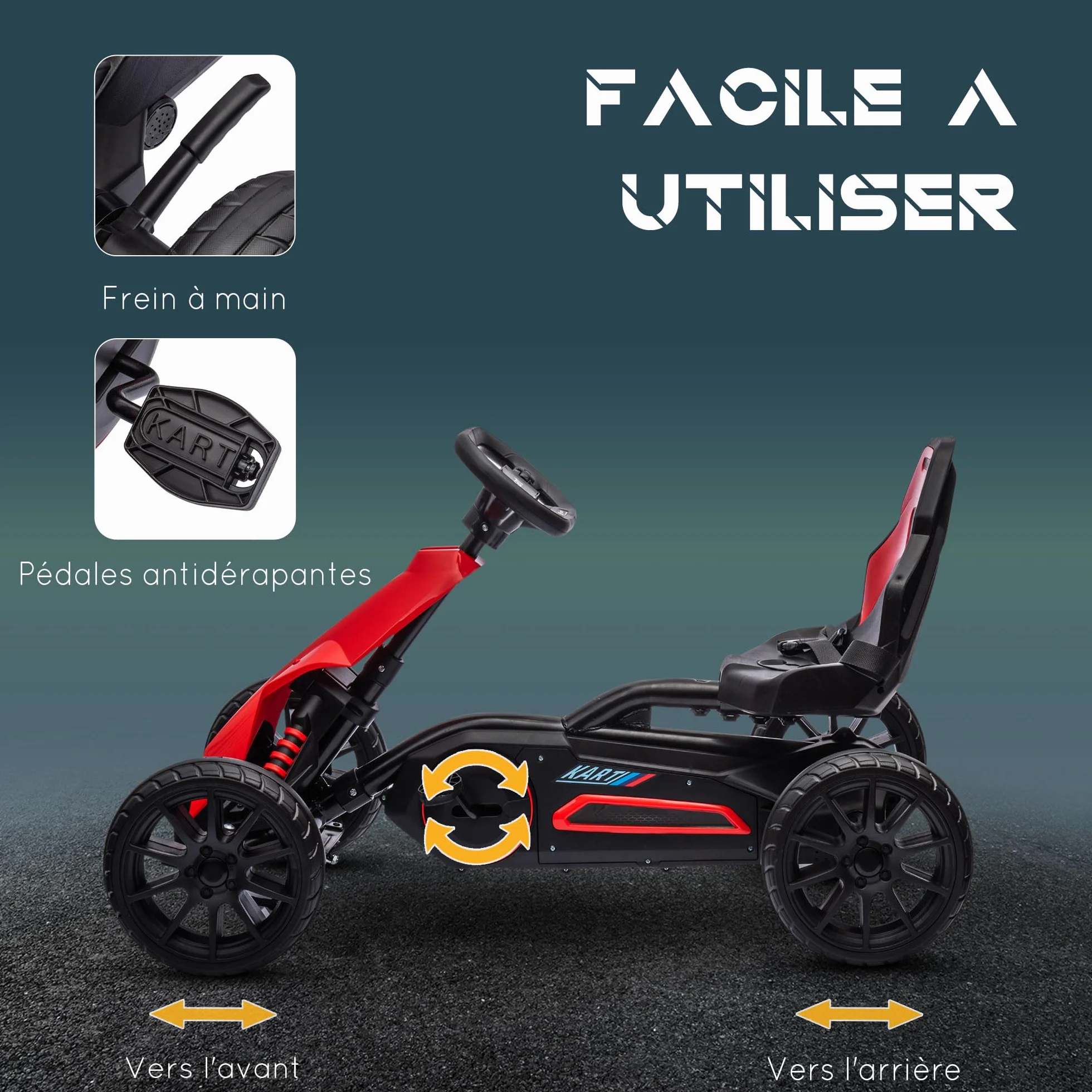 HOMCOM Kart na pedały dla dzieci, go-Kart z regulowanym siedziskiem 4-pozycyjnym, ciche koła EVA, 100 x 58 x 58,5 cm, rower i pojazd dziecięcy, czerwony i czarny