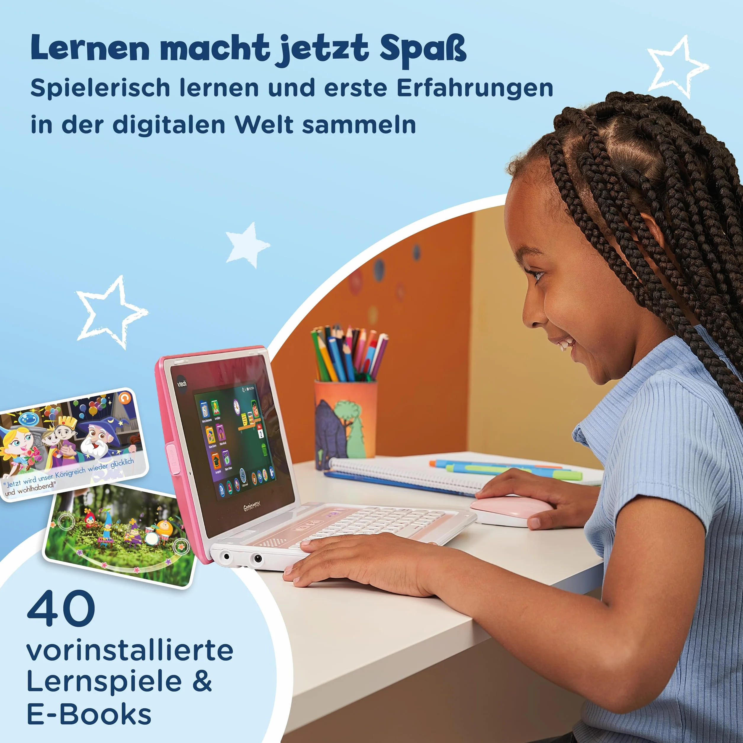 VTech Genio laptop edukacyjny XL różowy – komputer edukacyjny z dużym ekranem LCD o przekątnej 7" z dostępem do Internetu, programem tekstowym i wieloma treściami edukacyjnymi – dla dzieci w wieku