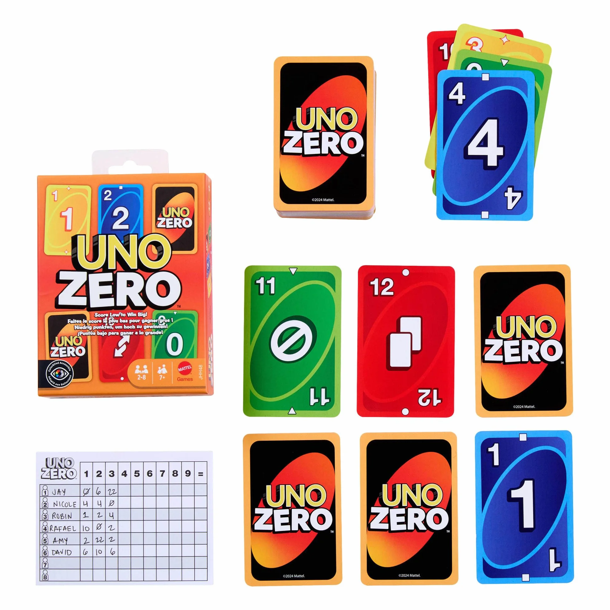 Mattel UNO Zero Gra karciana na wieczór gier dla dzieci, dorosłych i rodzin; karty do gry, talia i notes do obliczania wyników, od 2 do 8 graczy od 7 roku życia, JLK16