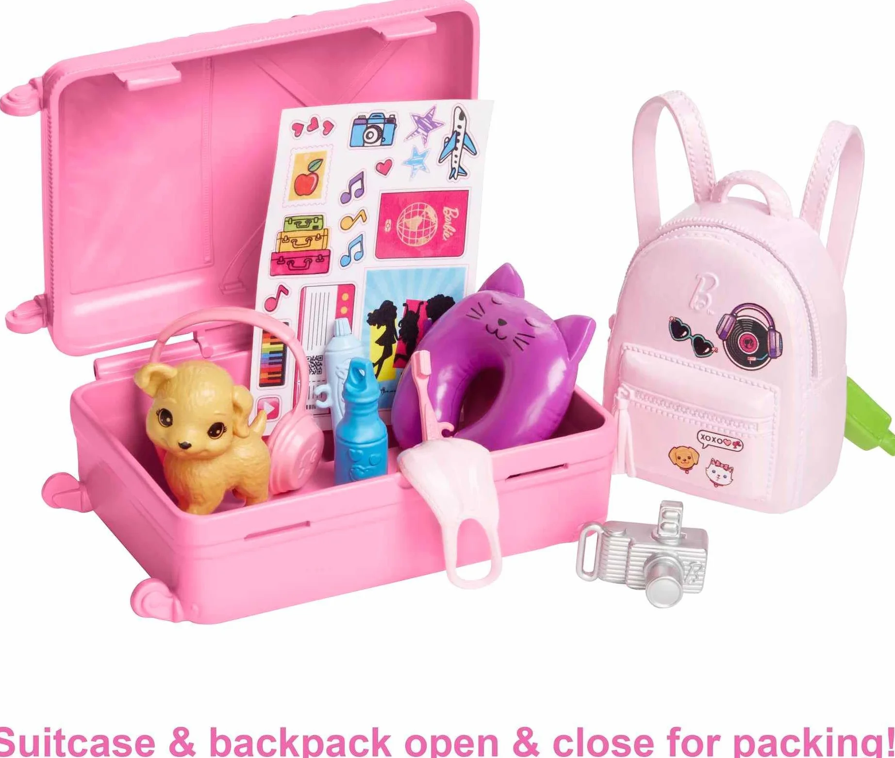 Barbie Malibu w podróży; Zestaw podróżny z lalką Barbie „Malibu” Roberts, pieskiem i ponad 10 akcesoriami, w tym otwieraną walizką, HJY18