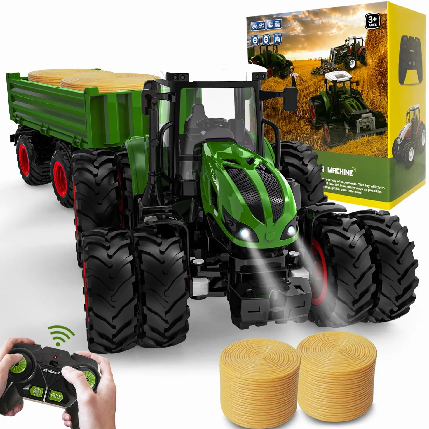 Zdalnie sterowany traktor, zabawka dla dzieci od 2 do 6 lat, traktor RC z przyczepą, ciągnik rolny ze światłami, prezent na Boże Narodzenie dla dzieci