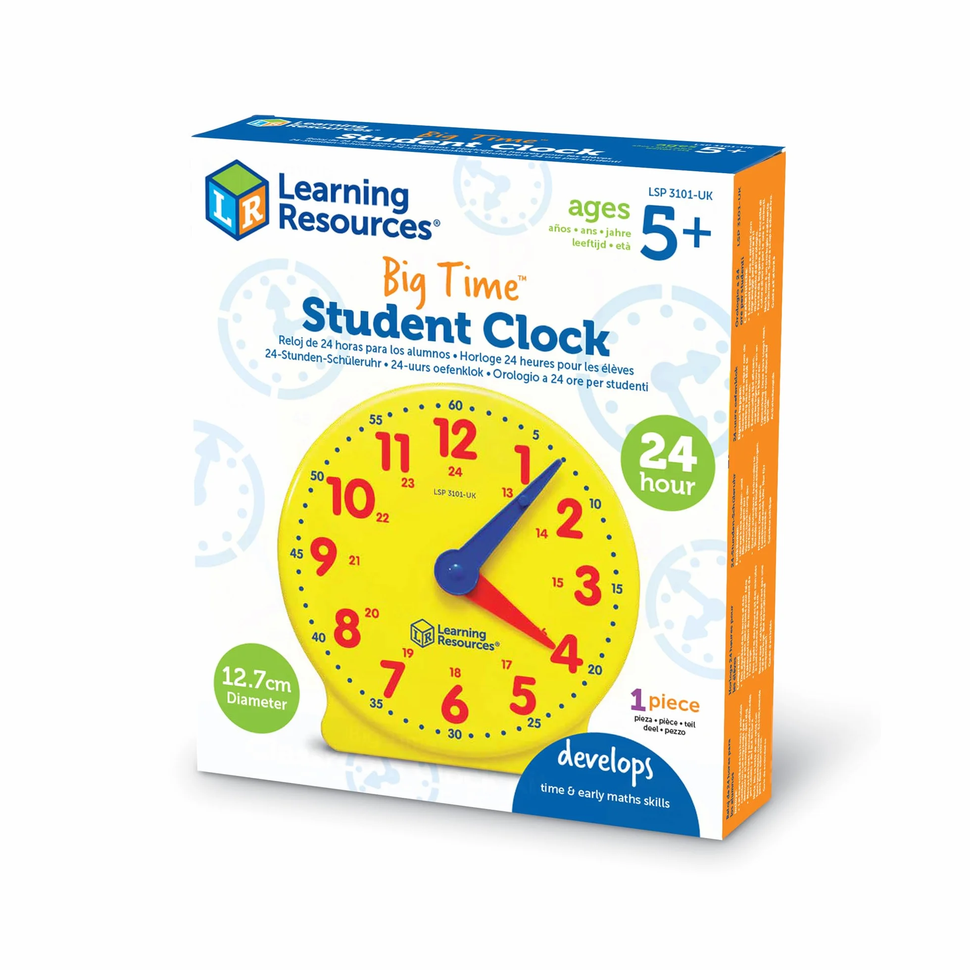 Learning Resources LSP3101-UK duży 24-godzinny student, manipulacje matematyczne do mówienia czasu, zegar analogowy do nauki dzieci, jeden rozmiar