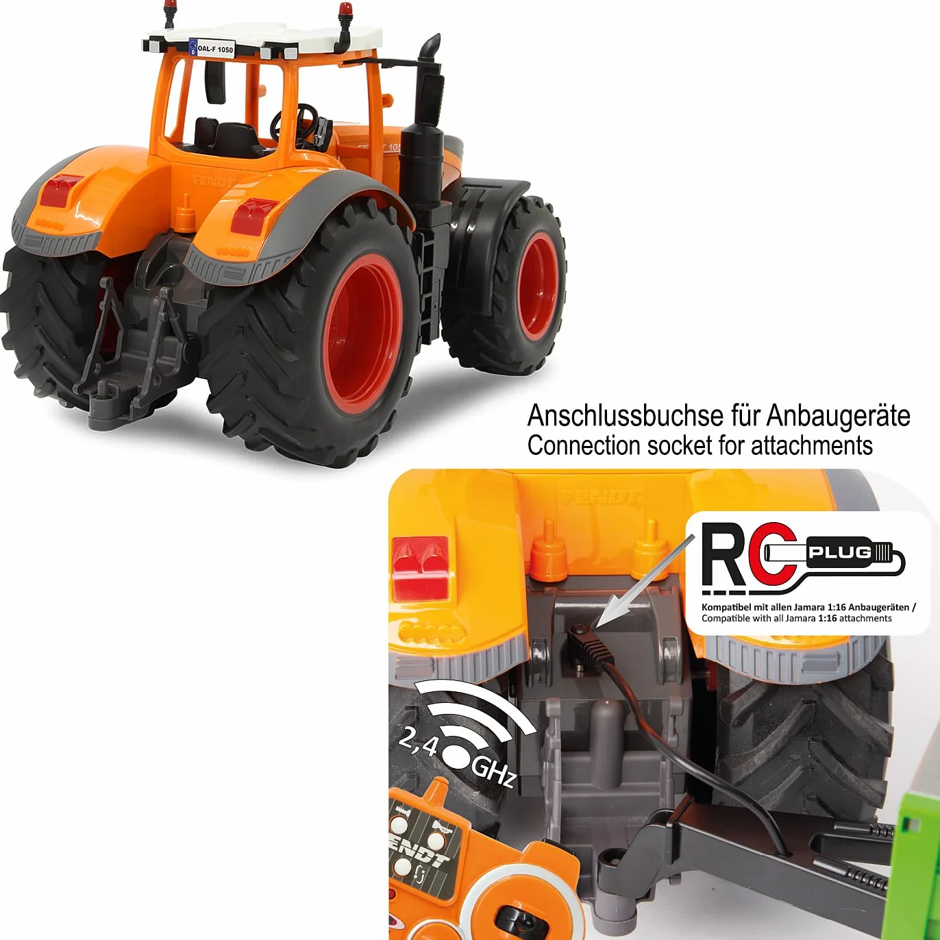 JAMARA 405045 - Fendt 1050 Vario Kommunal 1:16 2,4 GHz - traktor RC, dźwięk silnika (wyłączony), dźwięk ostrzegawczy cofania, klakson, funkcja wyłączania, 2 koła napędowe, światło z przodu,