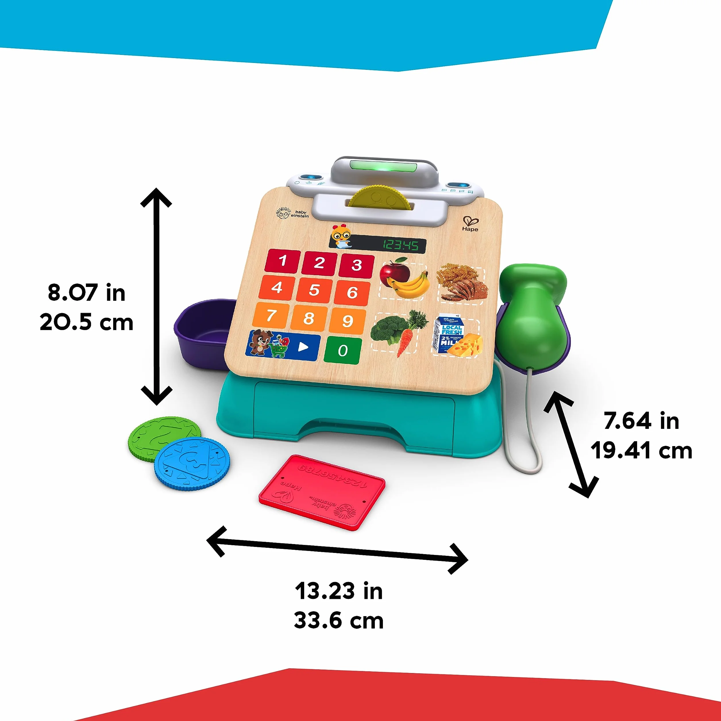 Baby Einstein + Hape Magic Touch Cash Register Pretend to Check Out Toy, z prawdziwymi dźwiękami i muzyką, dla dzieci w wieku od 9 miesięcy