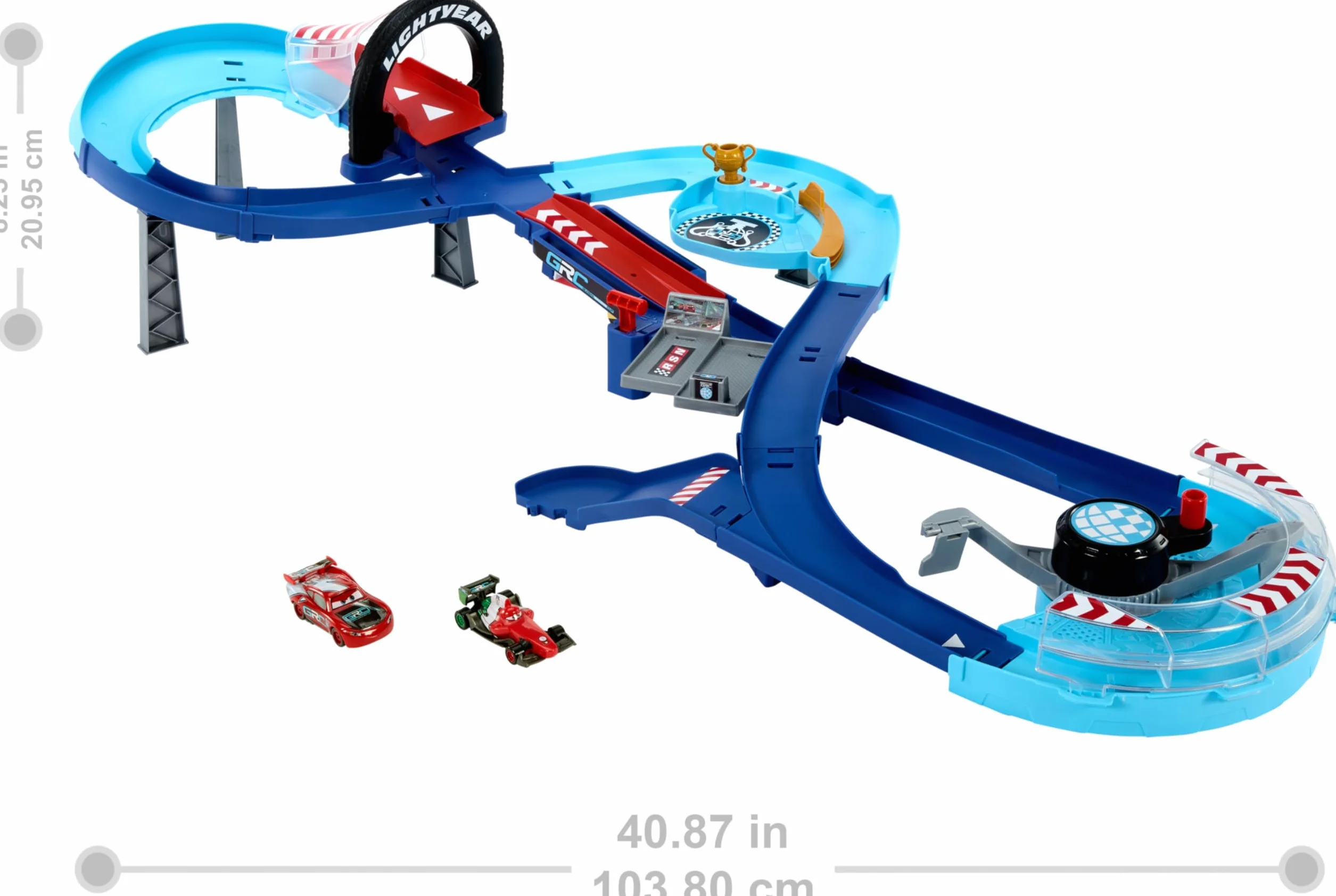 Mattel Disney Pixar Cars Auta GRC Tor Wyścigowy skok Zestaw do zabawy z przyspieszaczem i 2 autami zabawkami: Zygzakiem McQueenem i Francesco Paltegumi, HXJ32