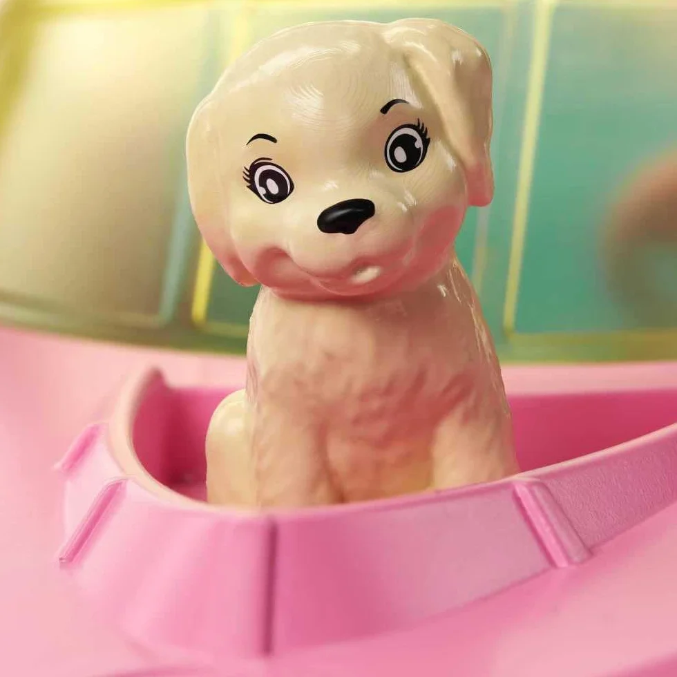 Barbie Zestaw Łodzi Motorowej, Lalka z Blond Włosami, Różowa Kamizelka Ratunkowa, Szczeniak, Akcesoria - Prezenty dla Dzieci od 3 Lat