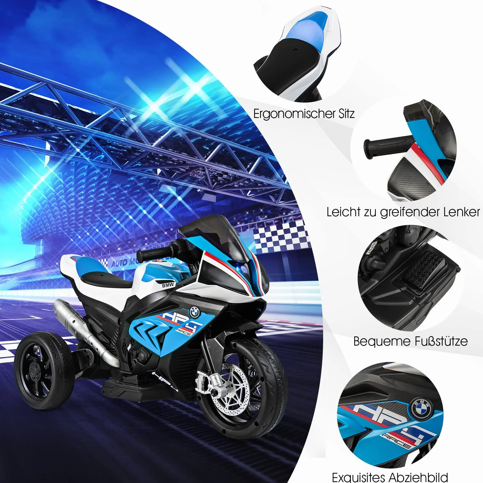 COSTWAY Motocykl elektryczny BMW 6 V z muzyką i reflektorem, trójkołowy motocykl dziecięcy do 3 km/h, motocykl elektryczny z 2 kółkami podporowymi, odpowiedni dla dzieci od 3 lat (niebieski)