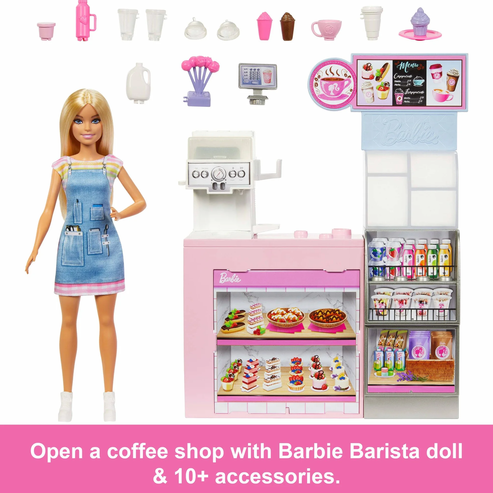Barbie Kawiarnia Zestaw z lalką baristką i 12 akcesoriami, w tym ekspresem do kawy i maszyną do koktajli w jednym, „jedzeniem” i kubeczkami, HXN94