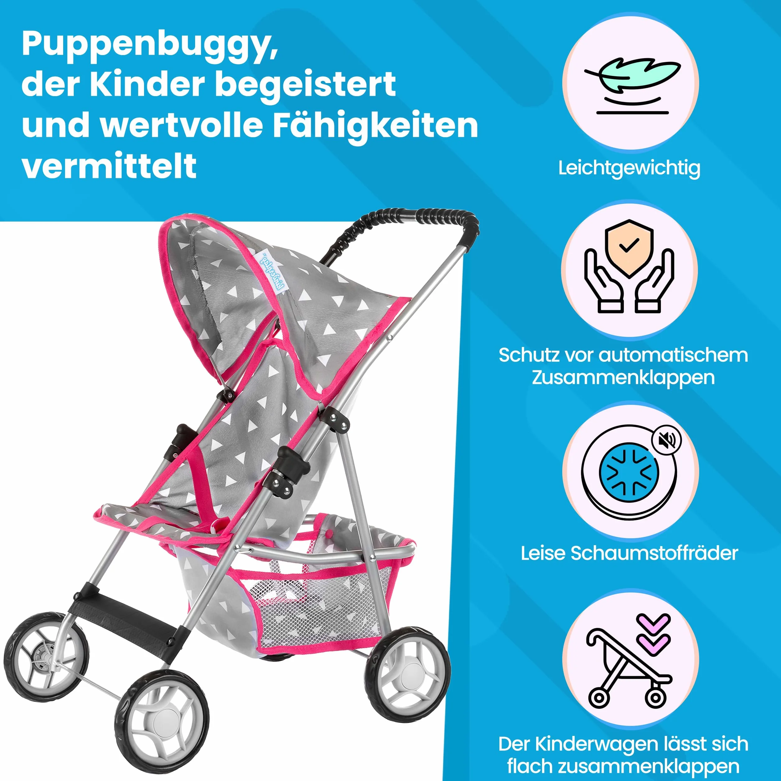 Kinderplay Wózek dla lalek, wózek dziecięcy, wózek dla lalek, wózek z pasem bezpieczeństwa i siatką na zakupy – zabawka dla niemowląt, nowoczesne, lekko obracające się kółka i miękka rękojeść, KP0280S