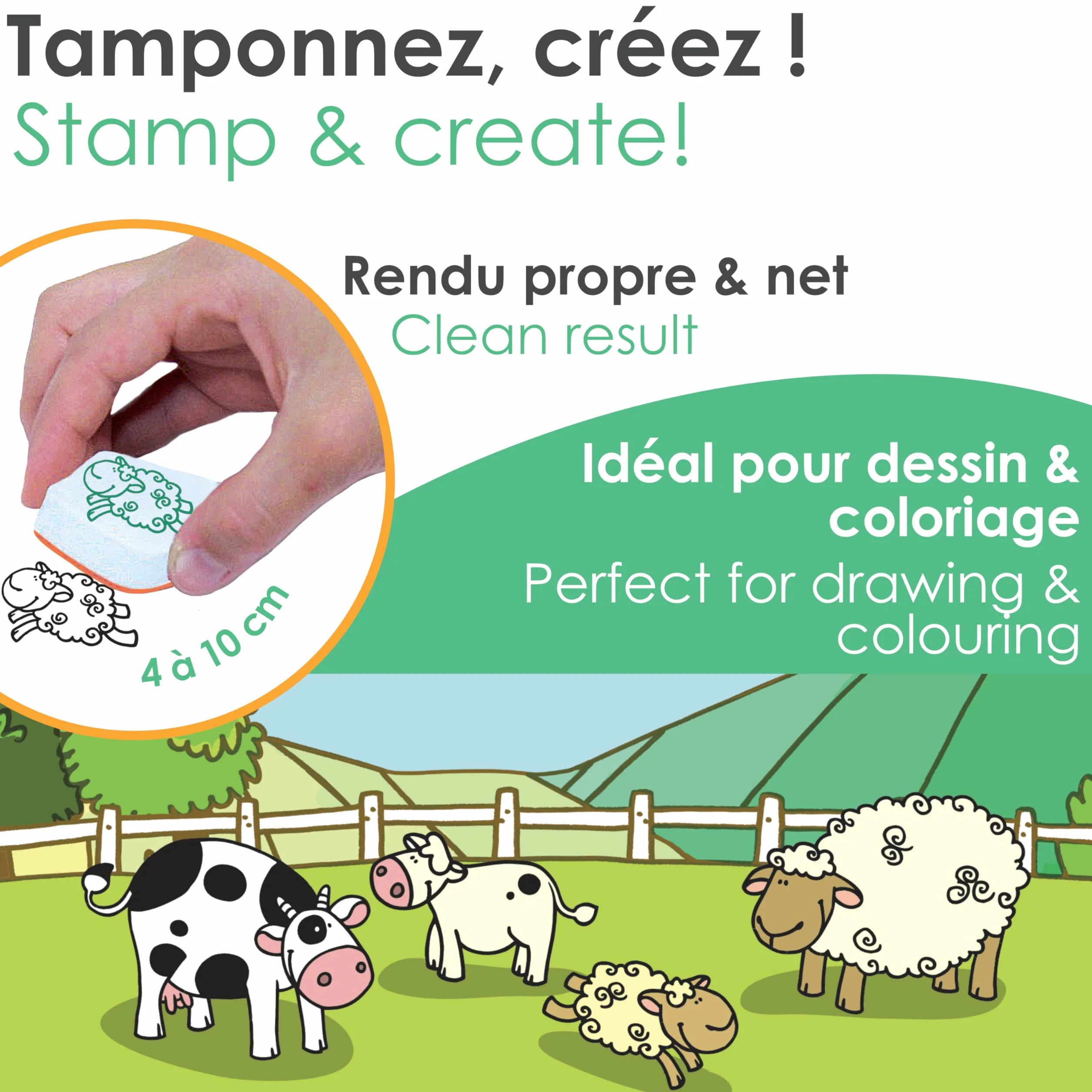 Aladine - 10 tamponów dla zwierząt gospodarskich z atramentem - Wkładki dla dzieci od 3 lat - Stampominos - Zmywalny tusz - Krowa Świnia Kurczak Koń, Aktywność Dziecko Rysunek Chłopiec Dziewczynka
