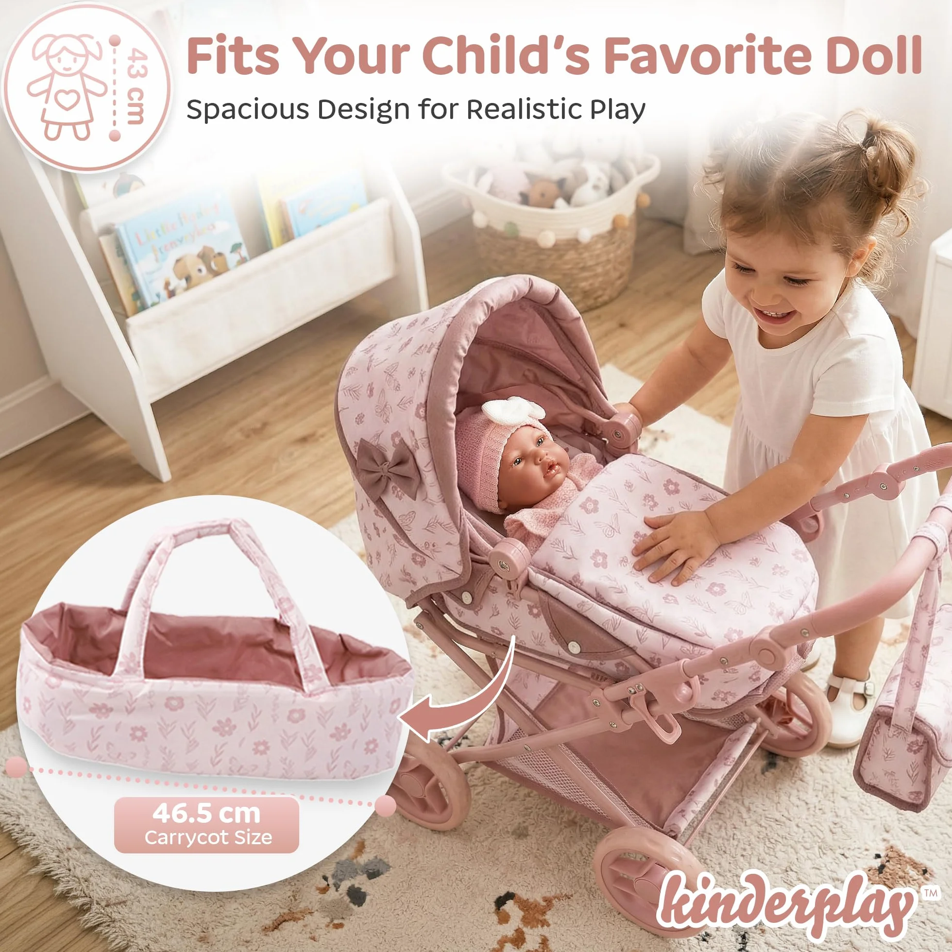 Kinderplay Wózek dla lalek 3 w 1 z torbą do przenoszenia, wózek dla lalek z regulacją wysokości 36,5-64 cm, składany wózek dziecięcy z cichymi kółkami piankowymi, dla lalek do 40 cm, od 3 lat