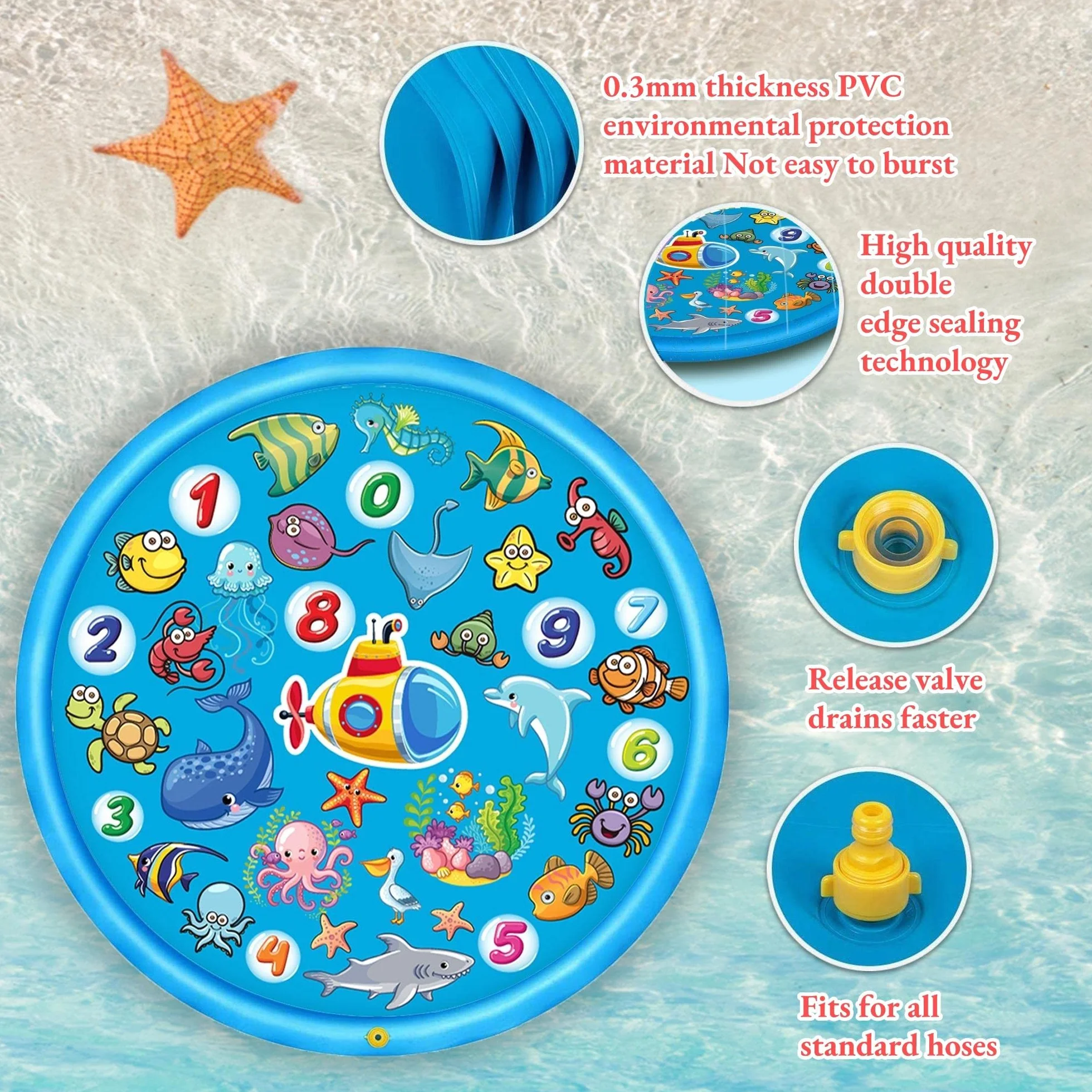Chennyfun Summer Sprinkler Water Play Mat 170 cm, Duża Okrągła Nadmuchiwana Mata do Zabawy, Zewnętrzna Letnia Zabawka Wodna do Zajęć Rodzinnych/Plaży/Ogrodu dla Chłopców, Dziewcząt, Zwierząt Domowych