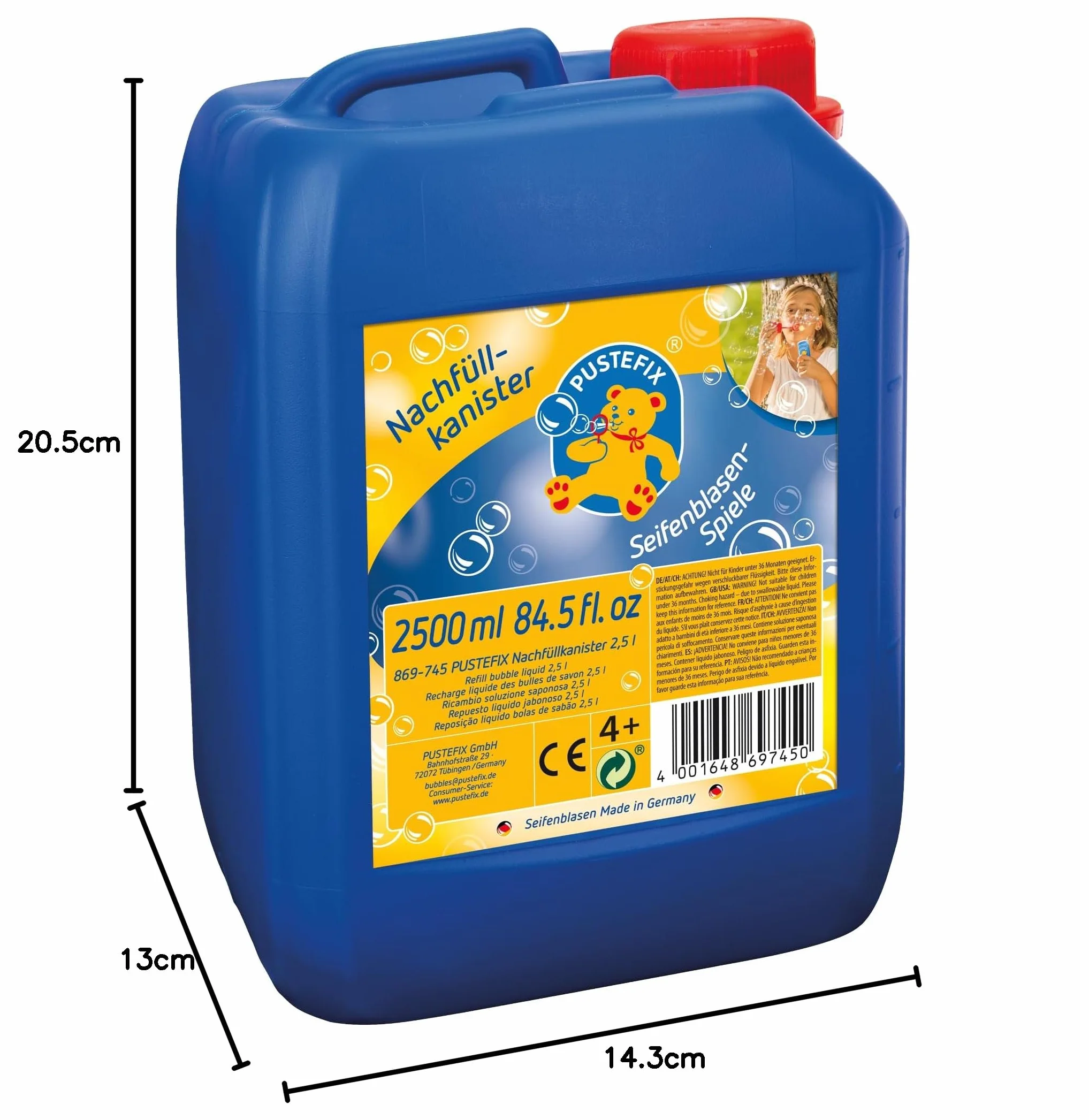 PUSTEFIX - 420869745 kanister do uzupełniania baniek mydlanych o pojemności 2,5 litra, płyn do zabawy z bąbelkami dla dzieci i dorosłych