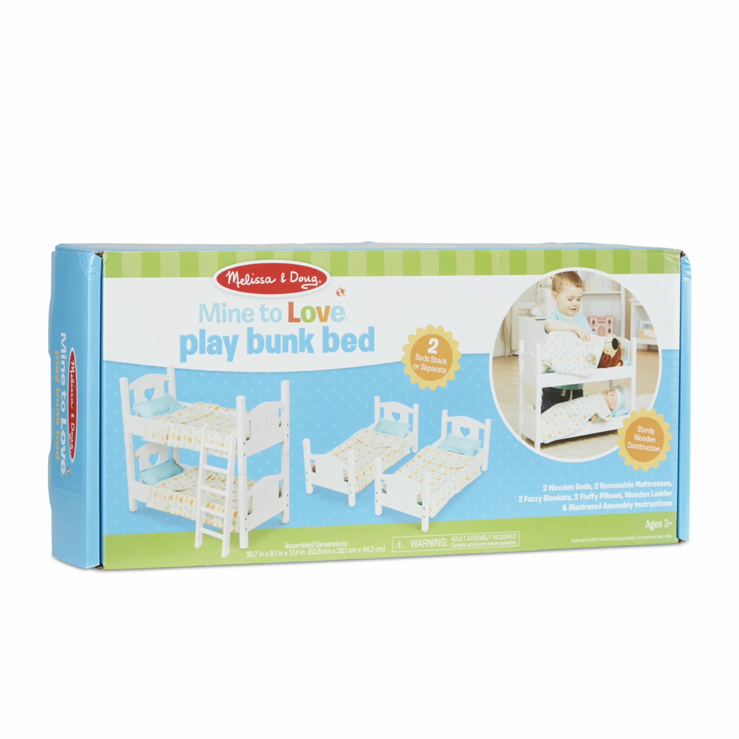 Melissa & Doug Mine to Love drewniane łóżko piętrowe do zabawy dla lalek, wypchane zwierzęta - białe (2 łóżka, 40 cm wys. x 20 cm szer. x 50 cm dł. zmontowane i ułożone w stos)