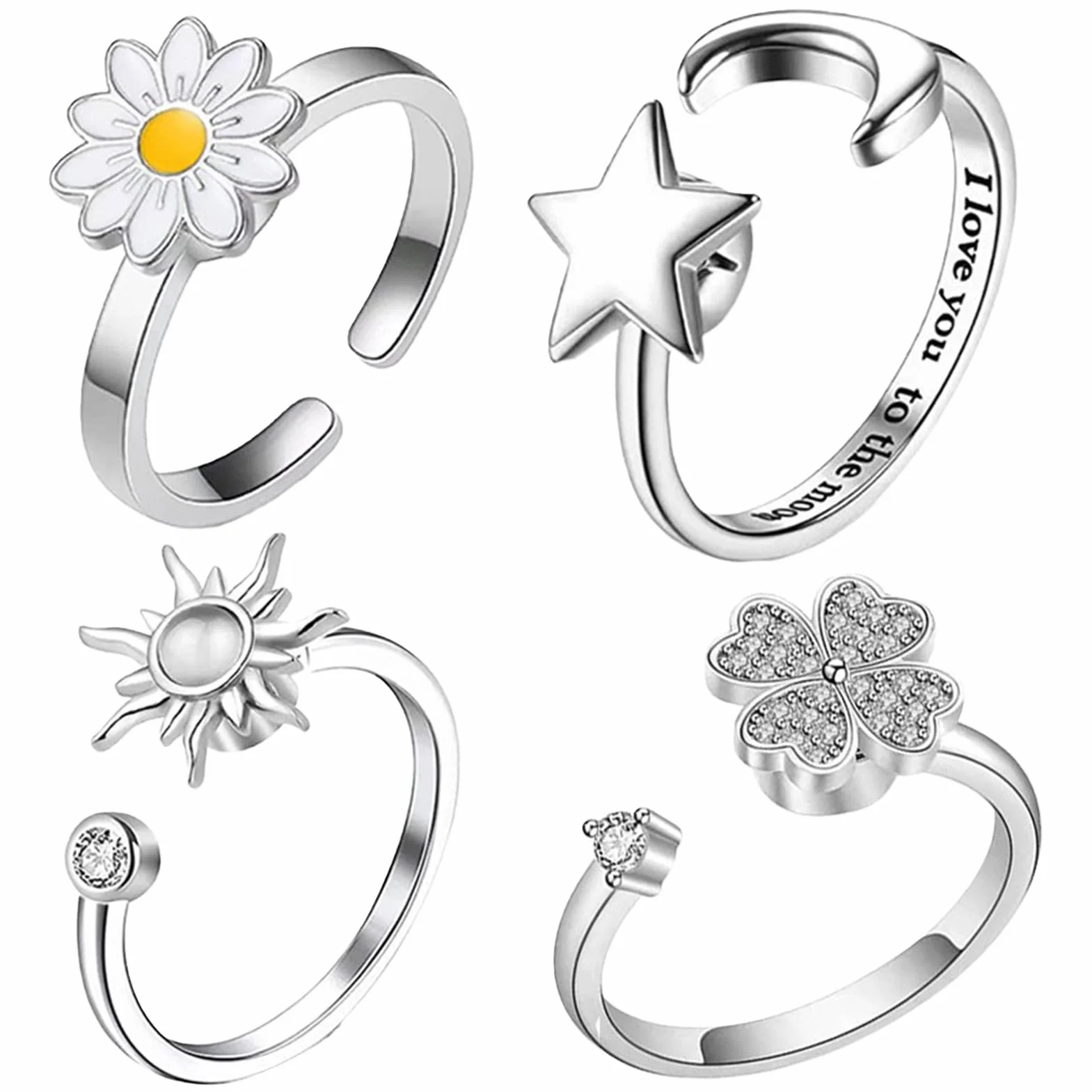 Fidget Rings, Spinner Jewelry, Fidget Rings do ?agodzenia stresu, 4-cz??ciowy zestaw z motywami ksi??yca, s?o?ca i kwiatów, ?atwe w u?yciu ?dzie do modowania, stylowe akcesoria dla dziewcz?t, nast