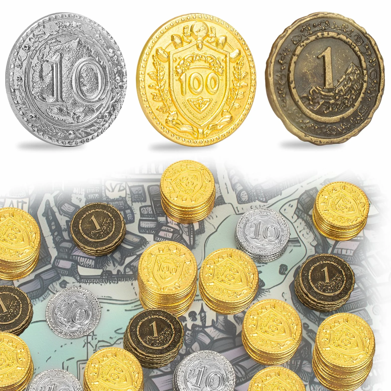 Byhoo 100 metalowych monet DND, 1,2", złote, srebrne, miedziane, o wartości nominalnej, do gry planszowej i RPG, Fantasy metalowe monety dla piratów, do zabawy, na imprezę, cosplay