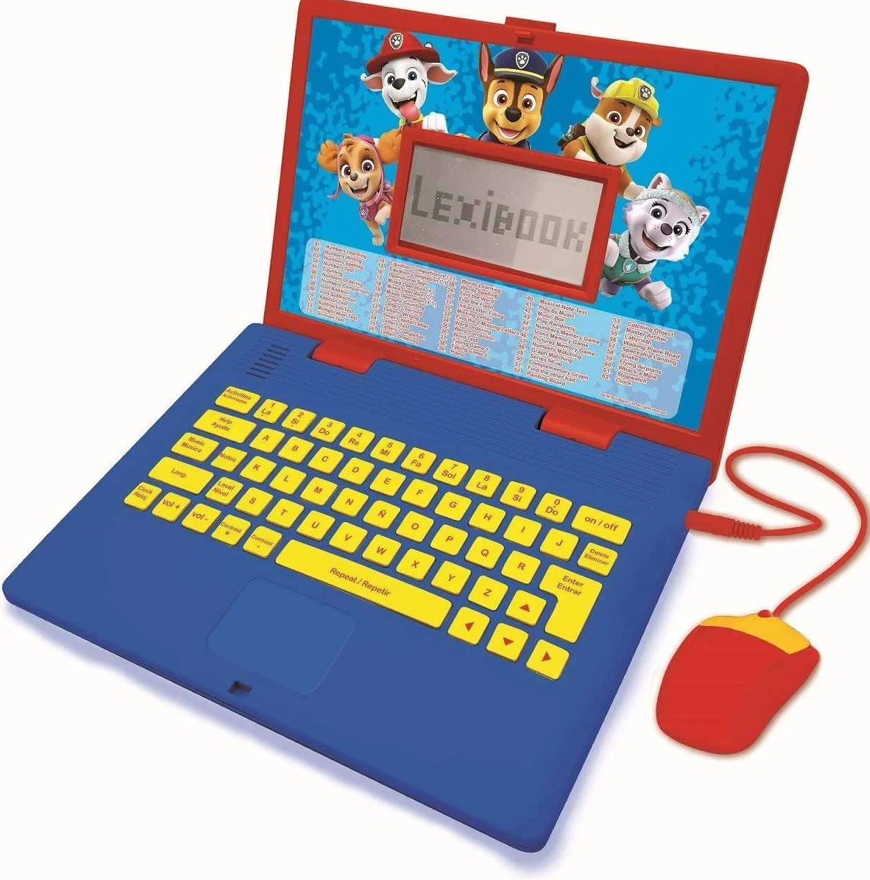 Lexibook Psi Patrol, Edukacyjny i Dwujęzyczny Laptop Hiszpański, Angielski, Zabawka dla Dziecka 124 Aktywności, Nauka Gry i Muzyki z Chase Marshall, Czerwony, Niebieski JC598PAi2,61 X 45,7 X 9,1 cm