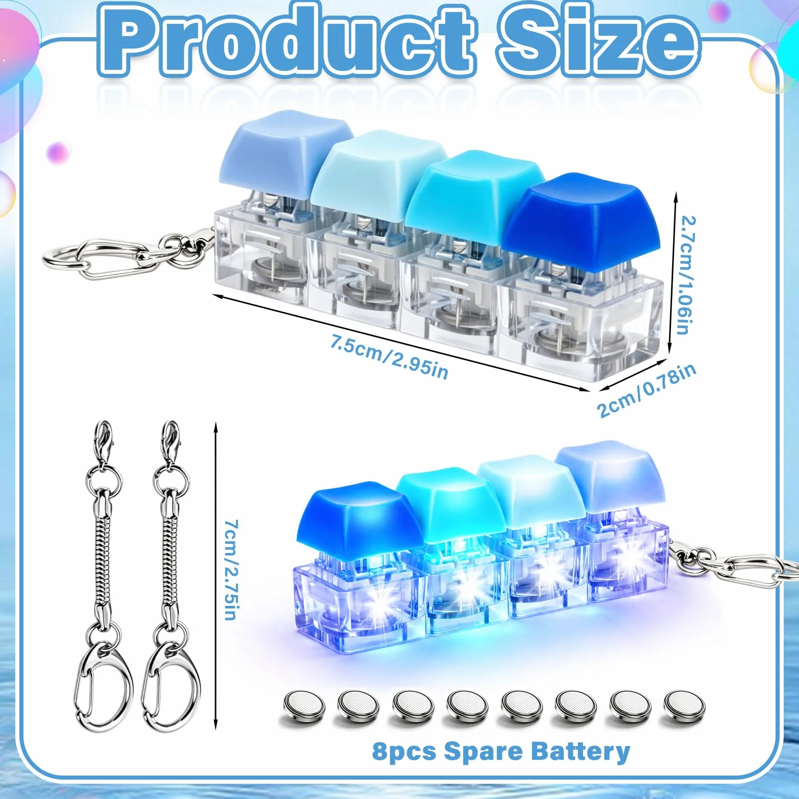 Zabawka Fidget Toys, 2 sztuki, zabawne, kolorowe zabawki fidget dla dorosłych ze światłem LED, klawiatura Fidget Keyboard, breloczek do kluczy, antystresowe, zabawka do strachu, biura, szkoły, podróży
