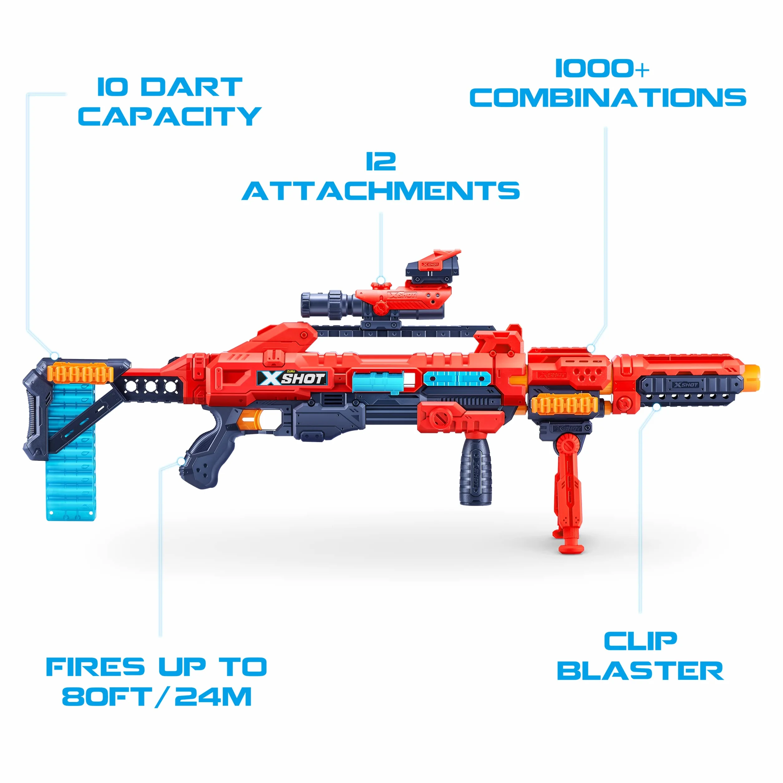 XSHOT Excel Regenerator, Red Foam Dart Blaster ponad 1000 unikalnych kombinacji (48 rzutk), czerwona zabawka blaster