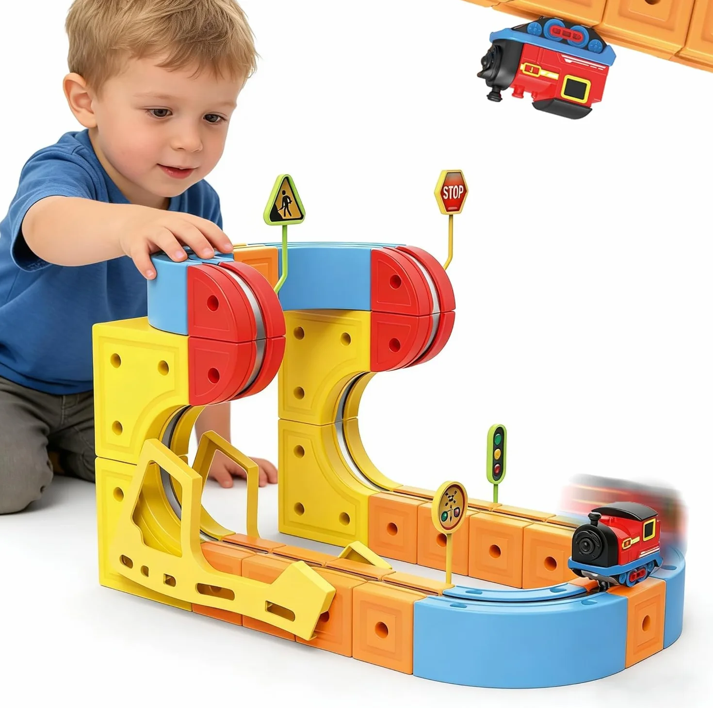Felly Electric Train zestaw dla dzieci, układy osadzone 3D, elastyczny tor wyścigowy Cube Track, zestaw tras pociągowych DIY, z silnikiem i blokami magnetycznymi, kreatywny prezent dla dzieci w wieku