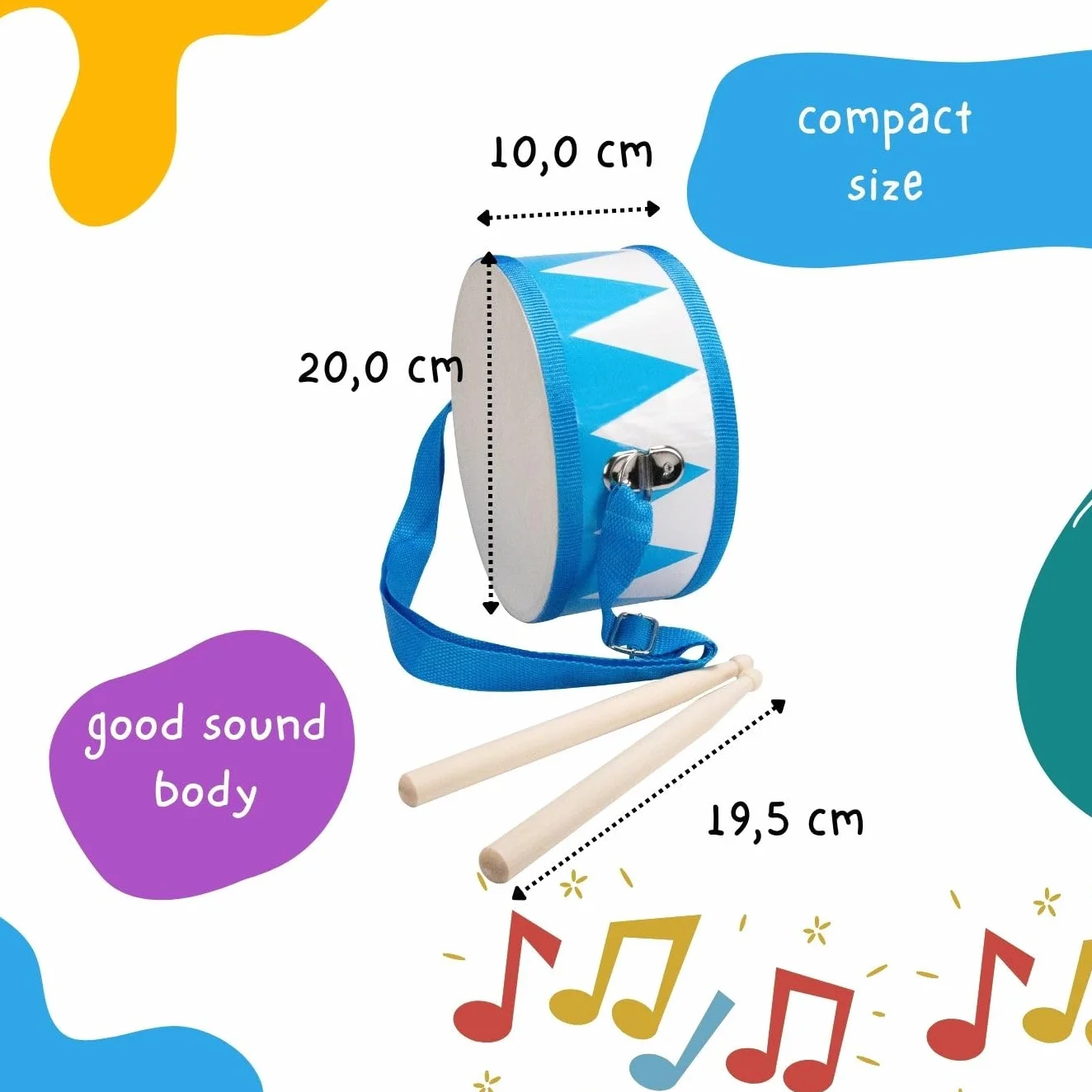 Bęben dla dzieci niebiesko-biały instrument muzyczny z drewna z paskiem do noszenia i pałeczkami D: 20 cm-3845