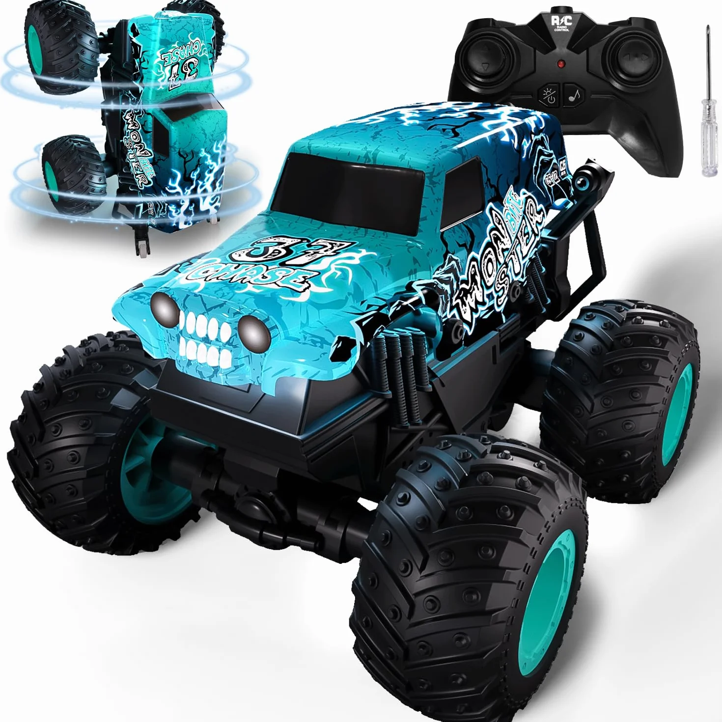 Halloween Monster Truck zdalnie sterowany, 1/20 Monster Truck z chodzeniem w pozycji pionowej i obrotem o 360°, 20 km/h, zdalnie sterowany samochód z oświetleniem LED i muzyką, zabawka na Halloween i