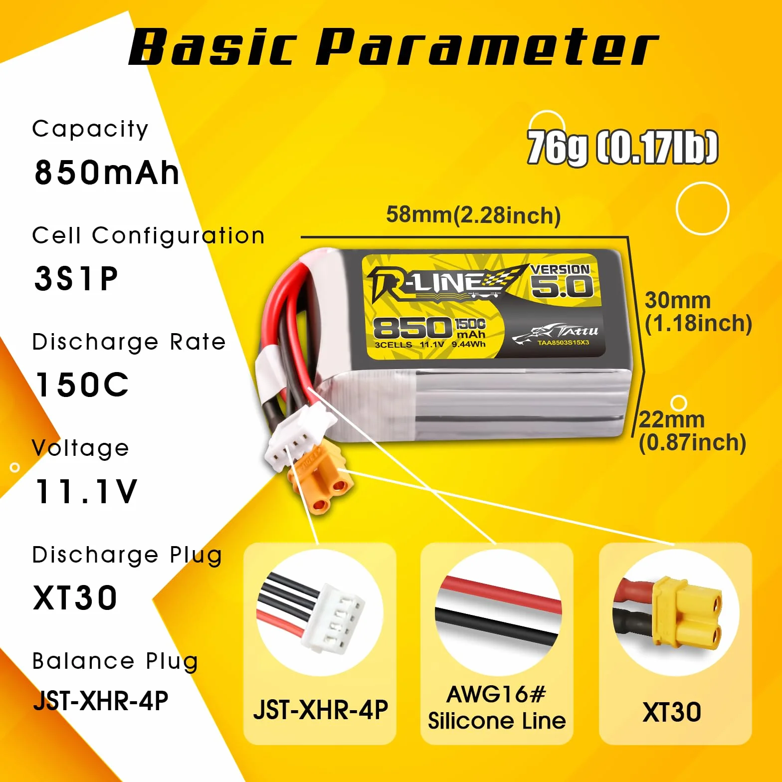TATTU 3S Lipo akumulator 850 mAh 11,1 V 150C 3S1P bateria z wtyczką XT30 do dronów FPV o średnicy od 3 do 5 cali