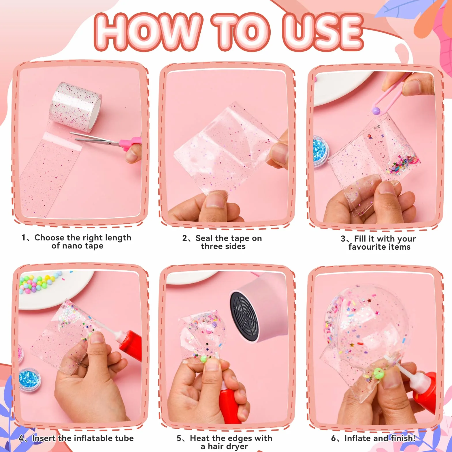 Nano Tape Bubbles, zestaw 65 sztuk, nano taśma dla dzieci z cekinami, zestaw do robienia baniek, zestaw "zrób to sam" dla dziewcząt, chłopców