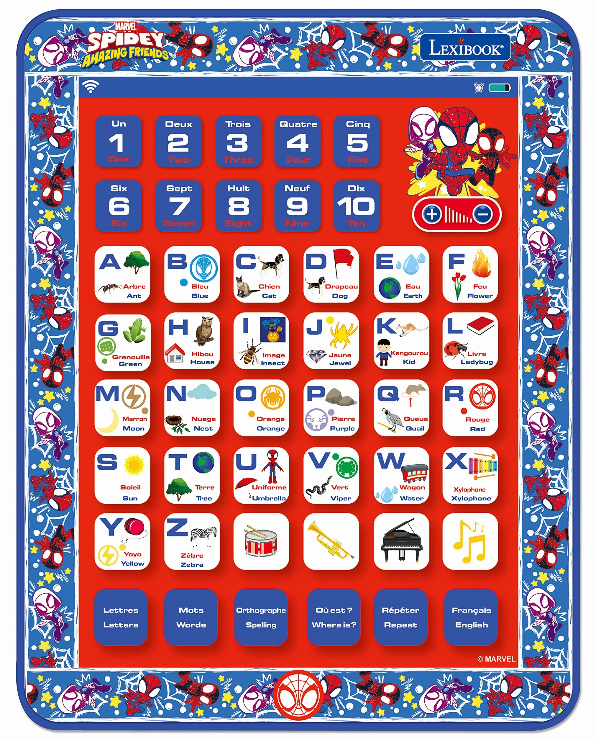 Lexibook, Spidey And His Amazing Friends, Dwujęzyczny Tablet Edukacyjny, Języki Francuski, Angielski, Litery, Liczby, Fortepian, Quiz, JCPAD002SPi1